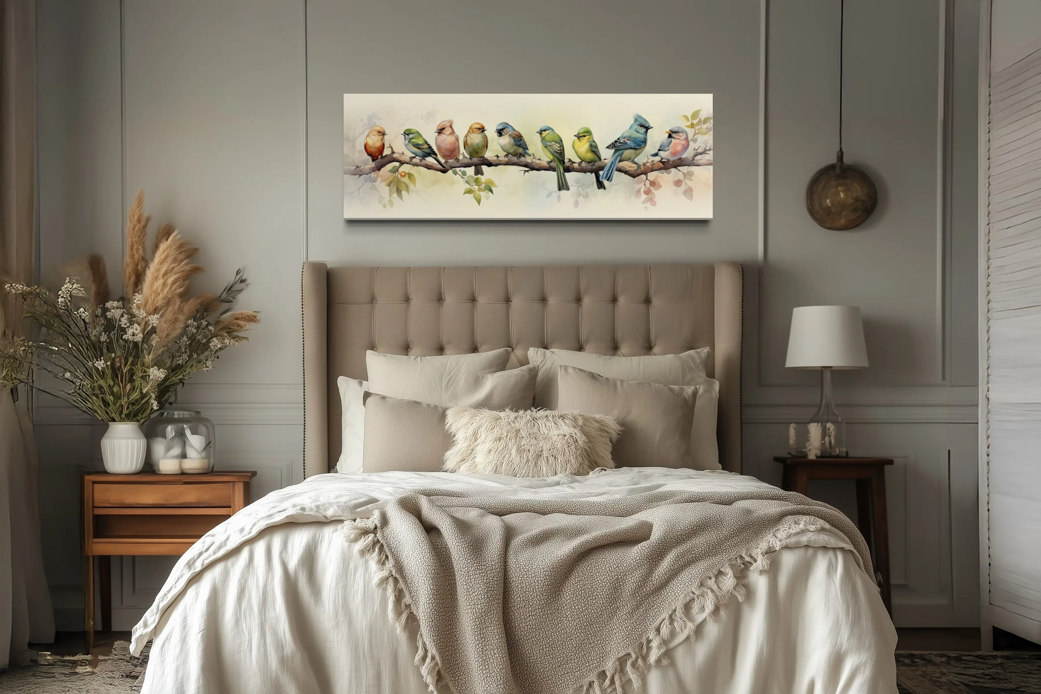 Colorful Birds On a Branch Horizontal Framed Canvas Wall Art