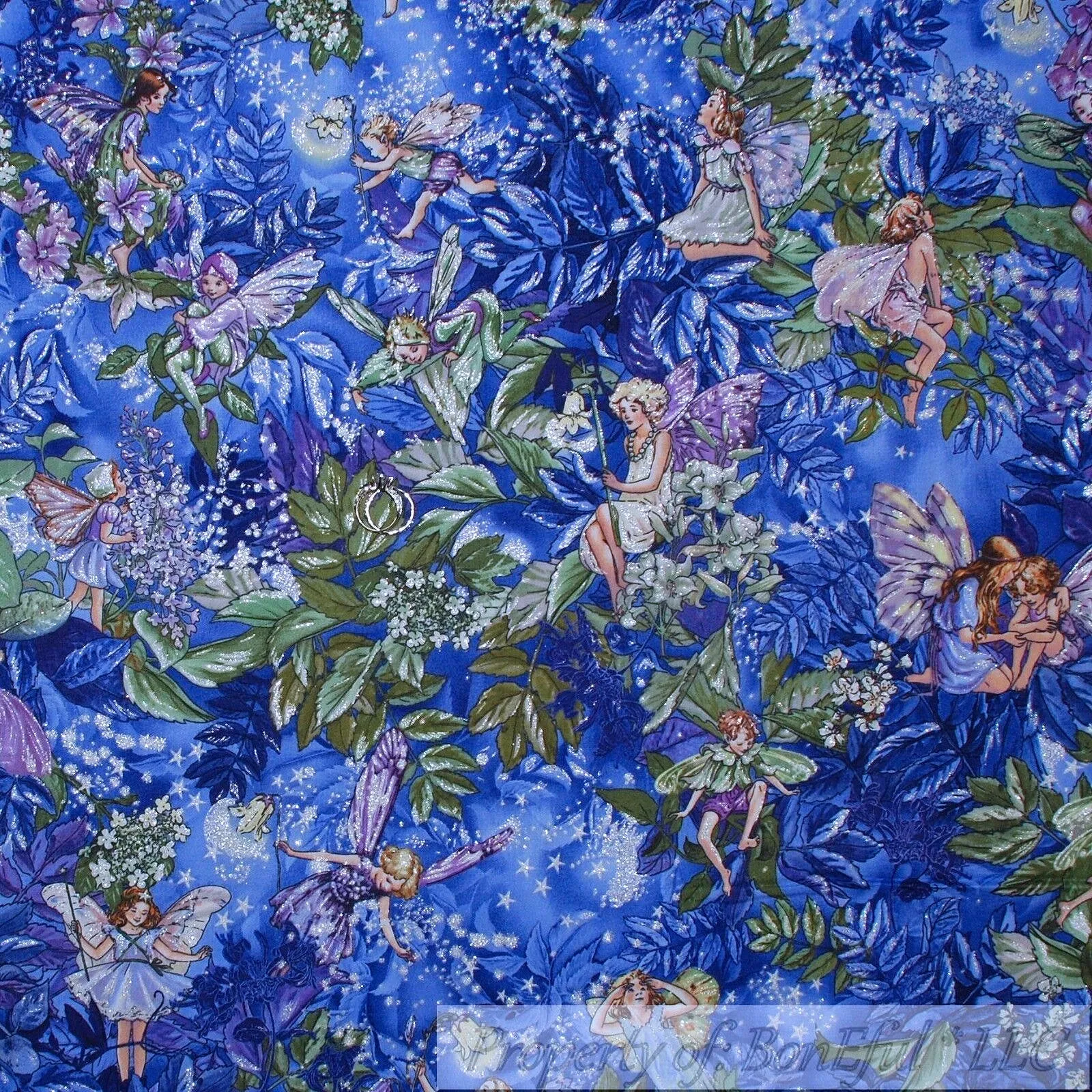 Cotton Fabric BTY Blue Purple White Flower Tooth Fairy Angel Cherub Star