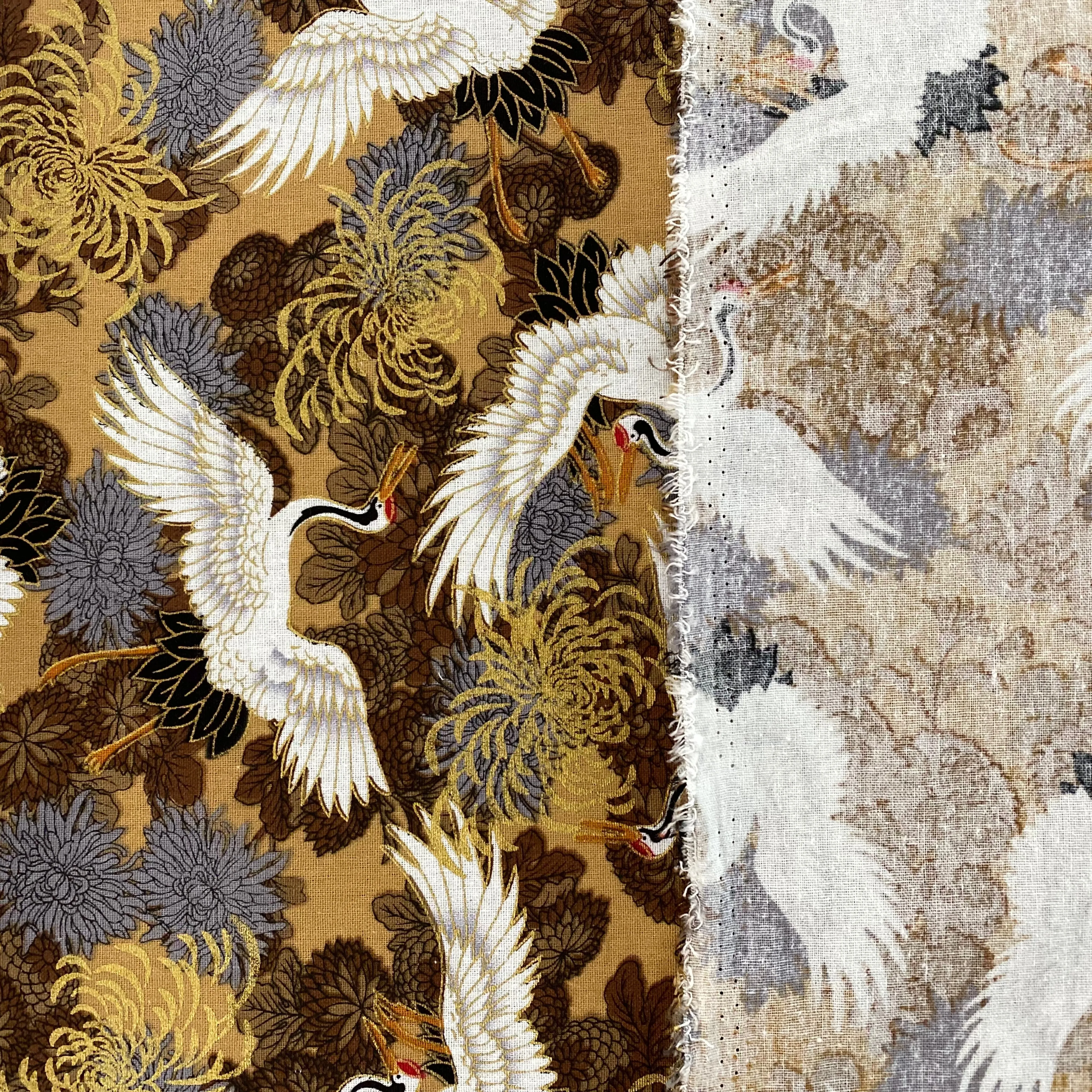 Crane & Chrysanthemum Cotton Broadcloth - White/Fawn