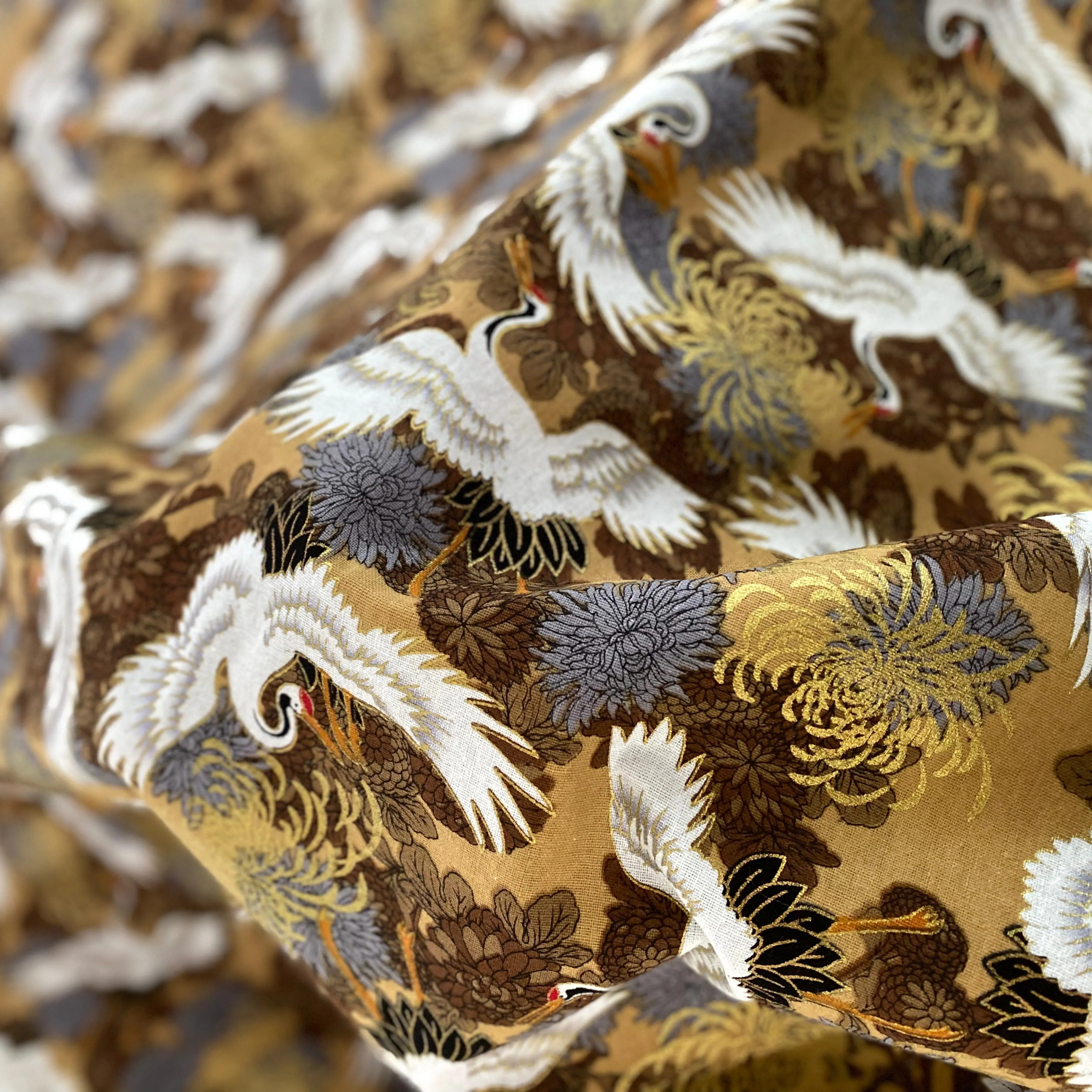 Crane & Chrysanthemum Cotton Broadcloth - White/Fawn