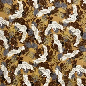 Crane & Chrysanthemum Cotton Broadcloth - White/Fawn