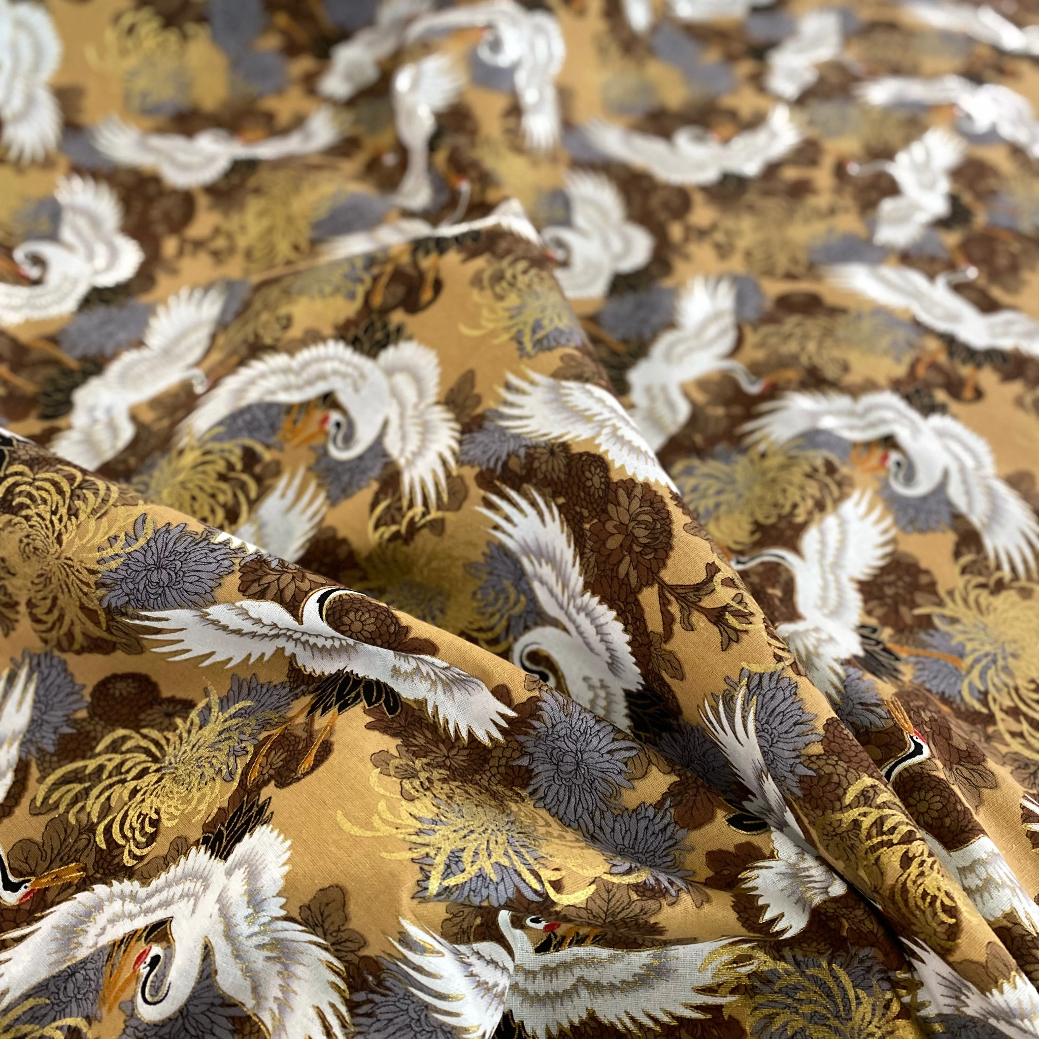 Crane & Chrysanthemum Cotton Broadcloth - White/Fawn