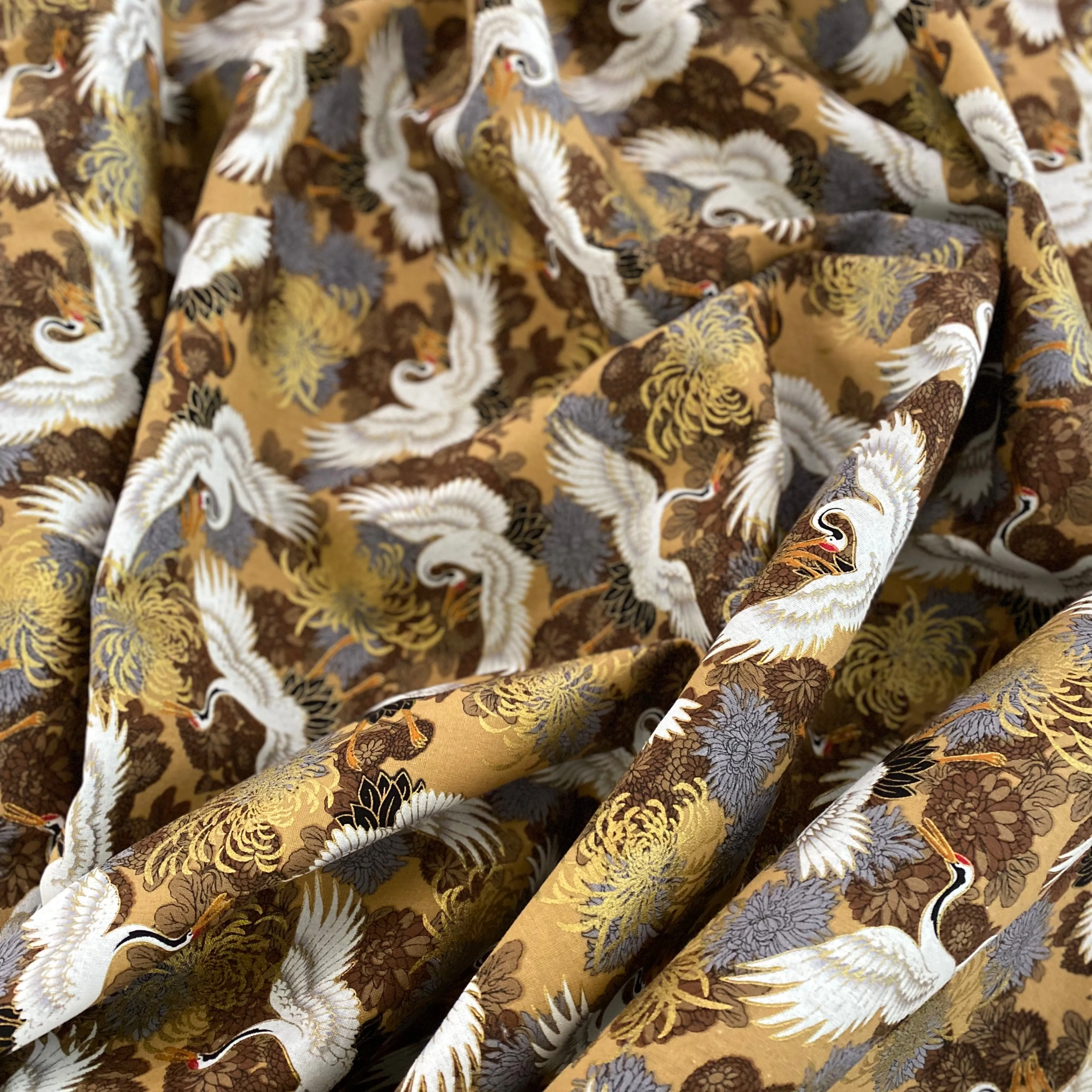 Crane & Chrysanthemum Cotton Broadcloth - White/Fawn