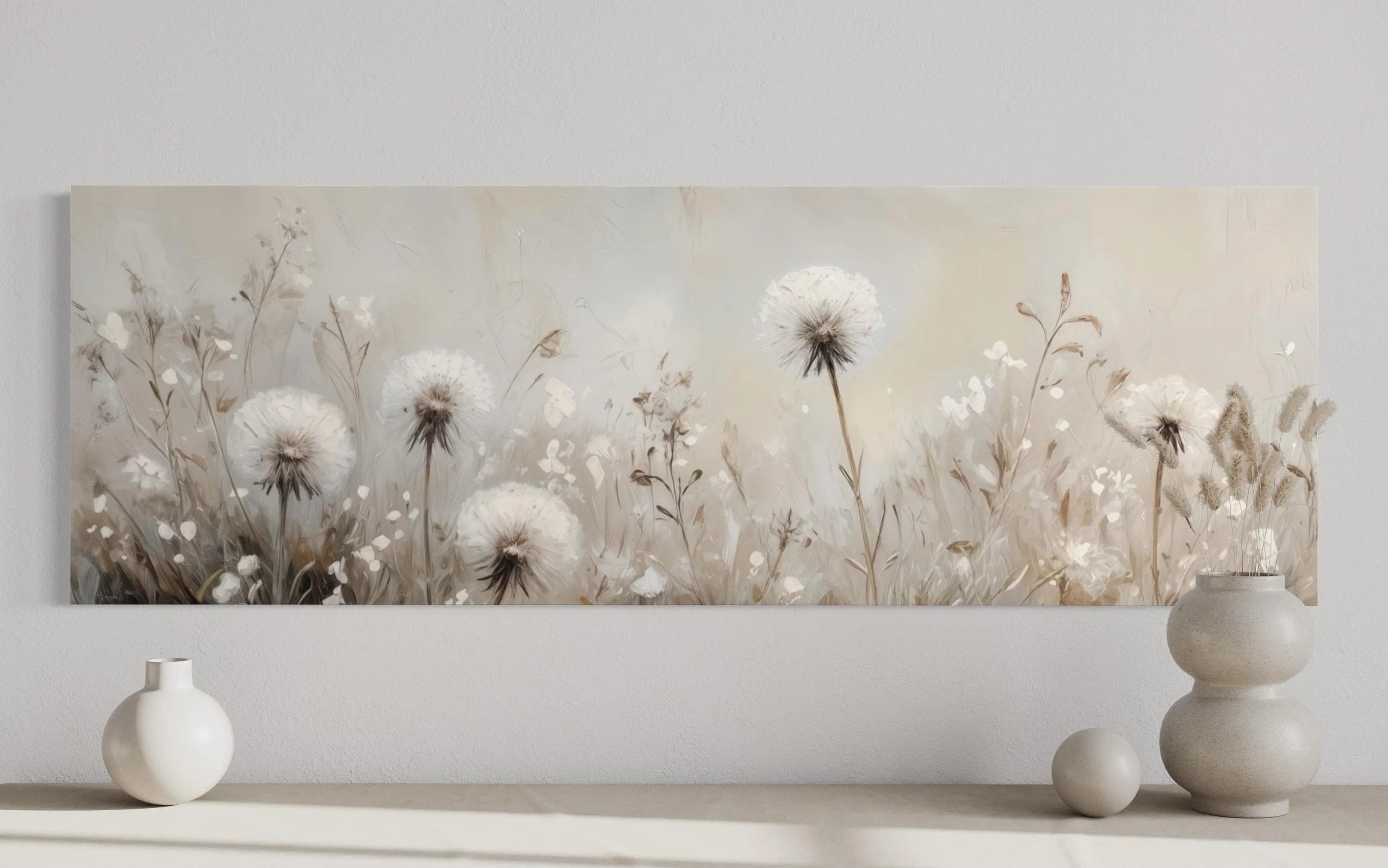 Dandelions Field White Beige Neutral Farmhouse Boho Long Horizontal Wall Art