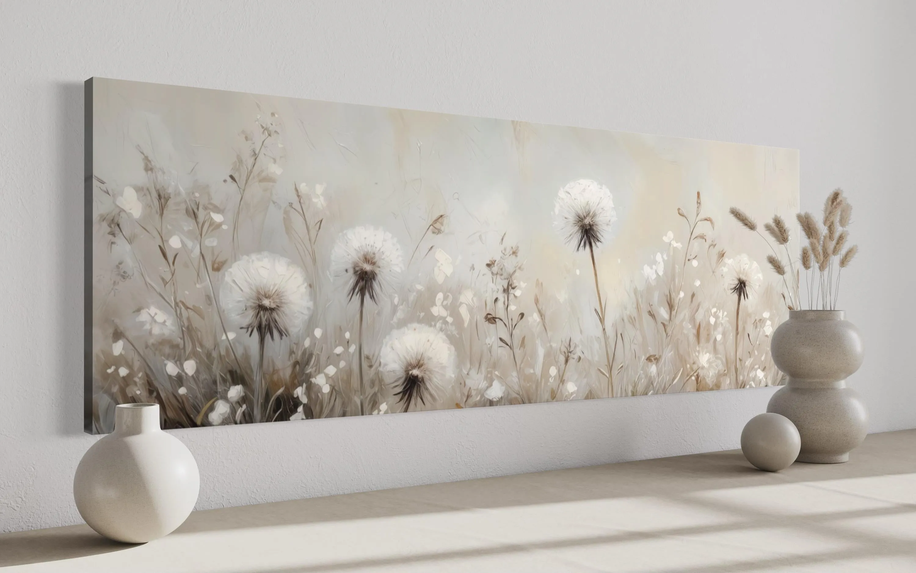 Dandelions Field White Beige Neutral Farmhouse Boho Long Horizontal Wall Art