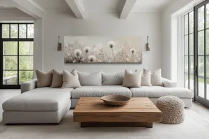 Dandelions Field White Beige Neutral Farmhouse Boho Long Horizontal Wall Art