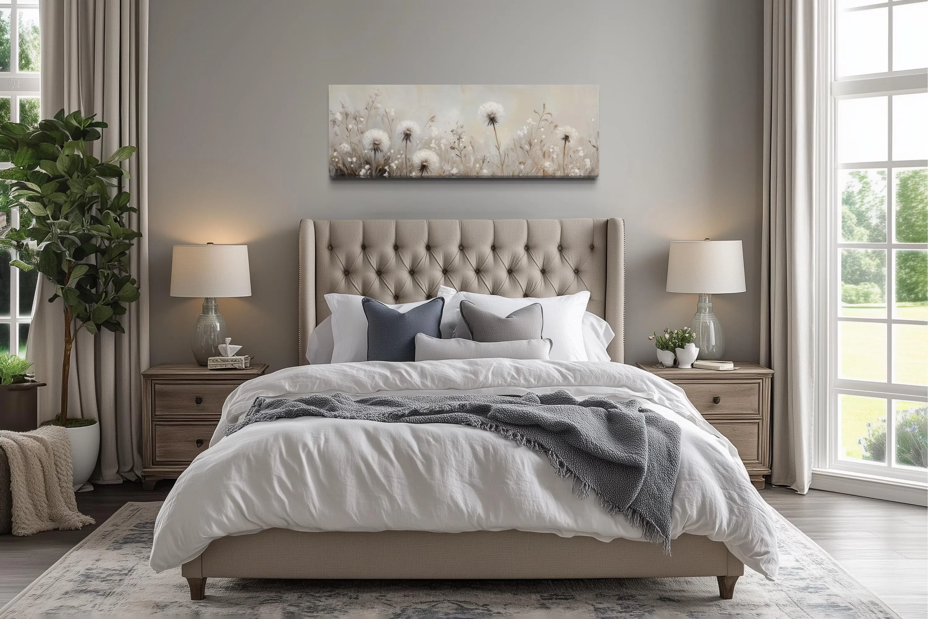 Dandelions Field White Beige Neutral Farmhouse Boho Long Horizontal Wall Art
