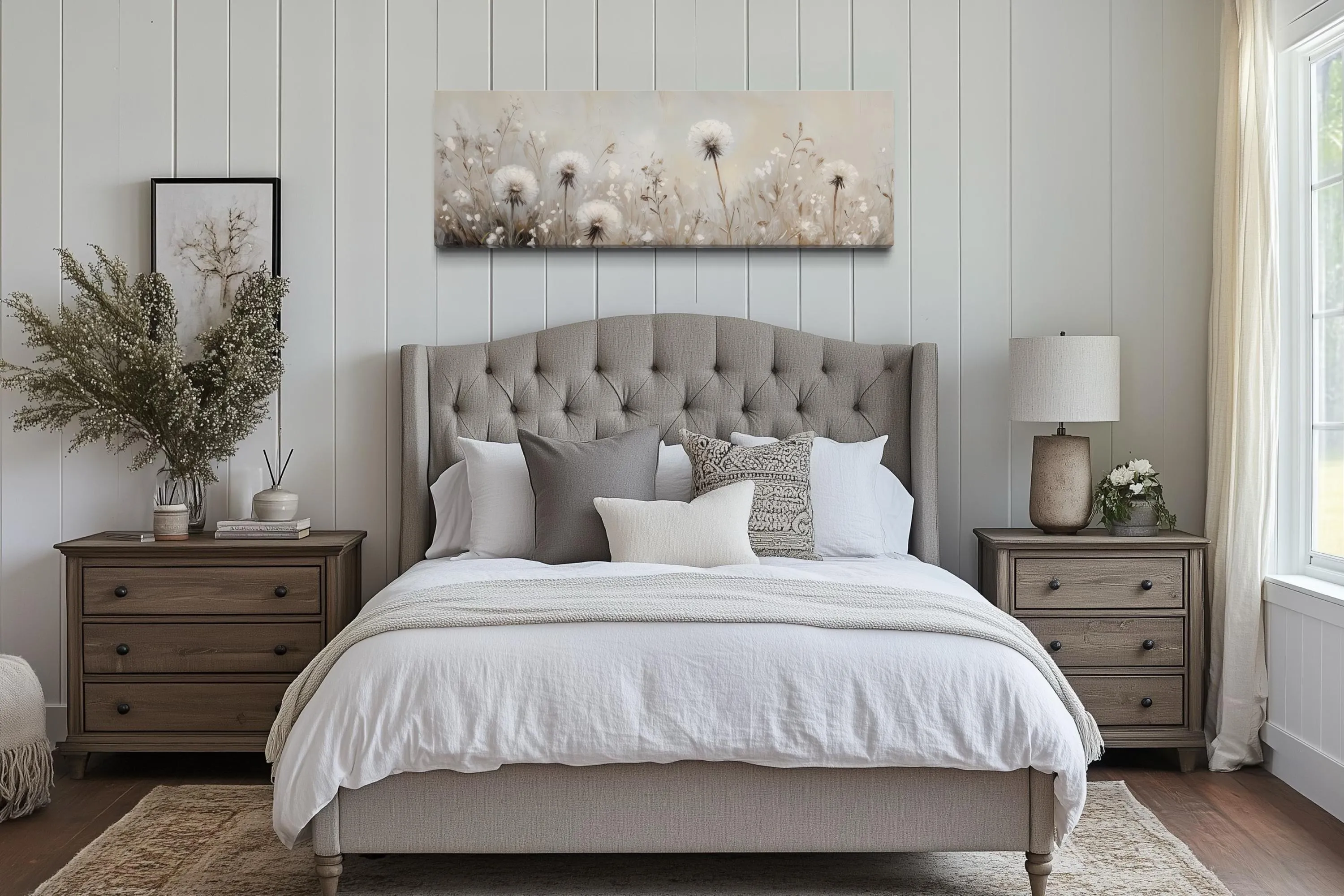 Dandelions Field White Beige Neutral Farmhouse Boho Long Horizontal Wall Art