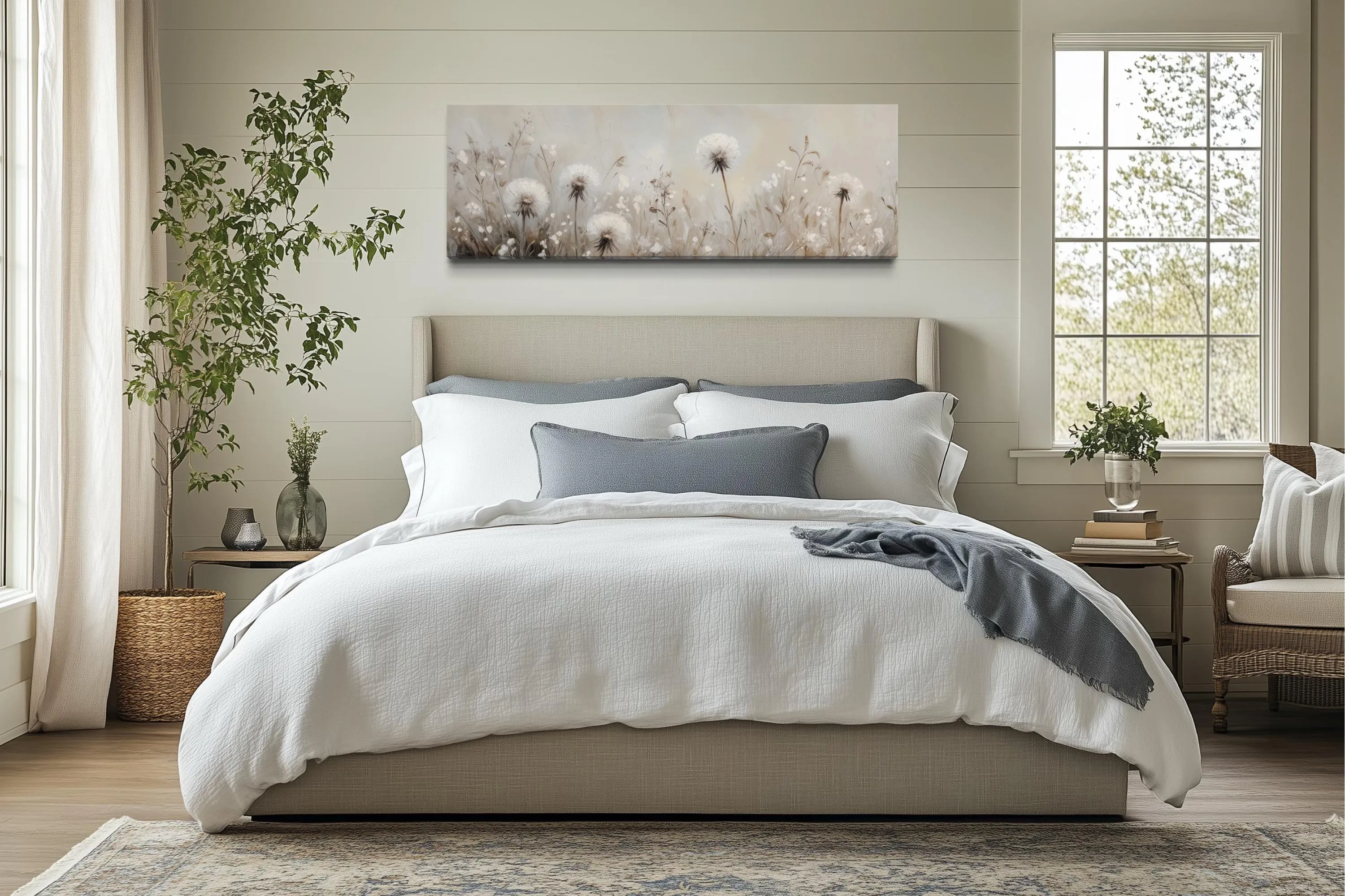 Dandelions Field White Beige Neutral Farmhouse Boho Long Horizontal Wall Art