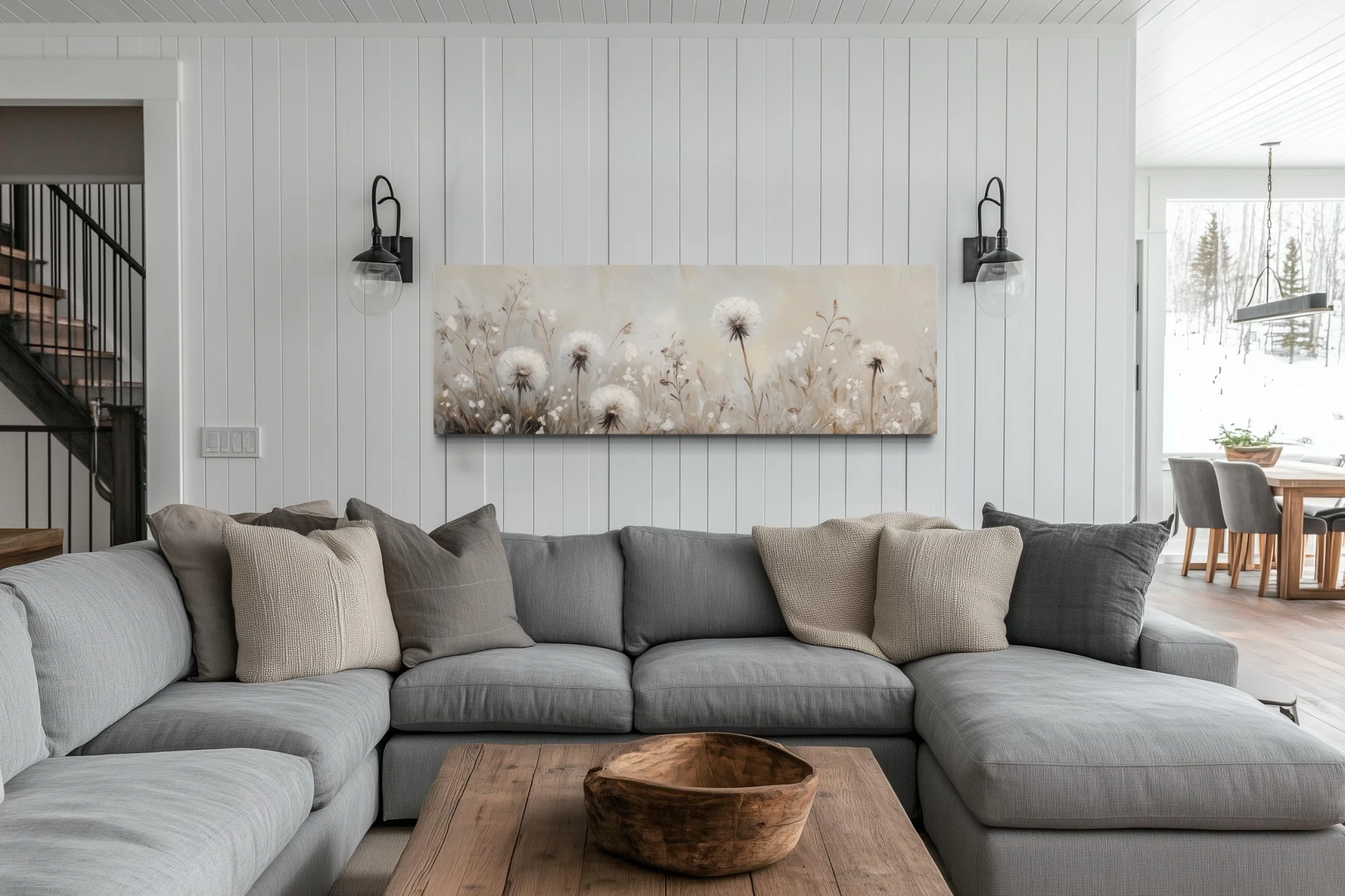 Dandelions Field White Beige Neutral Farmhouse Boho Long Horizontal Wall Art