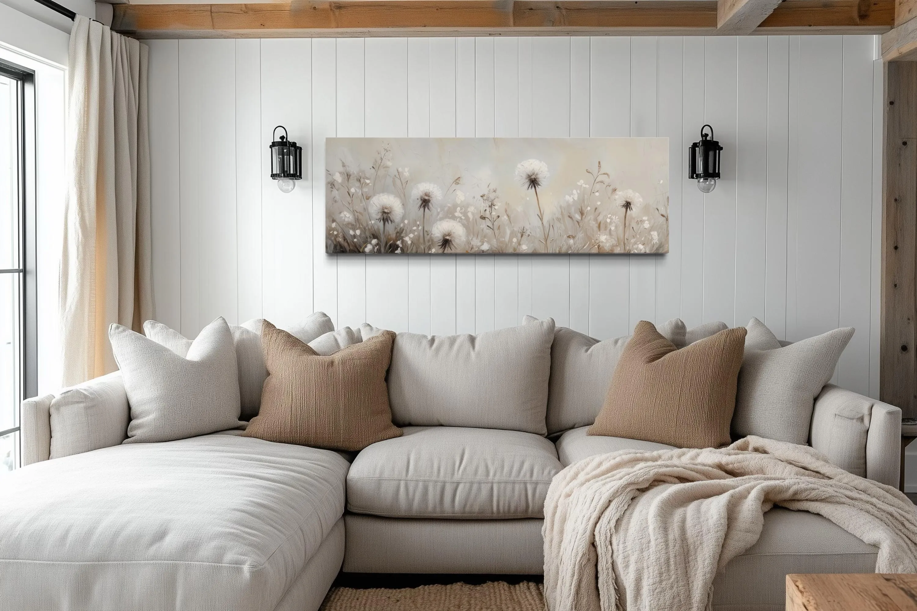 Dandelions Field White Beige Neutral Farmhouse Boho Long Horizontal Wall Art