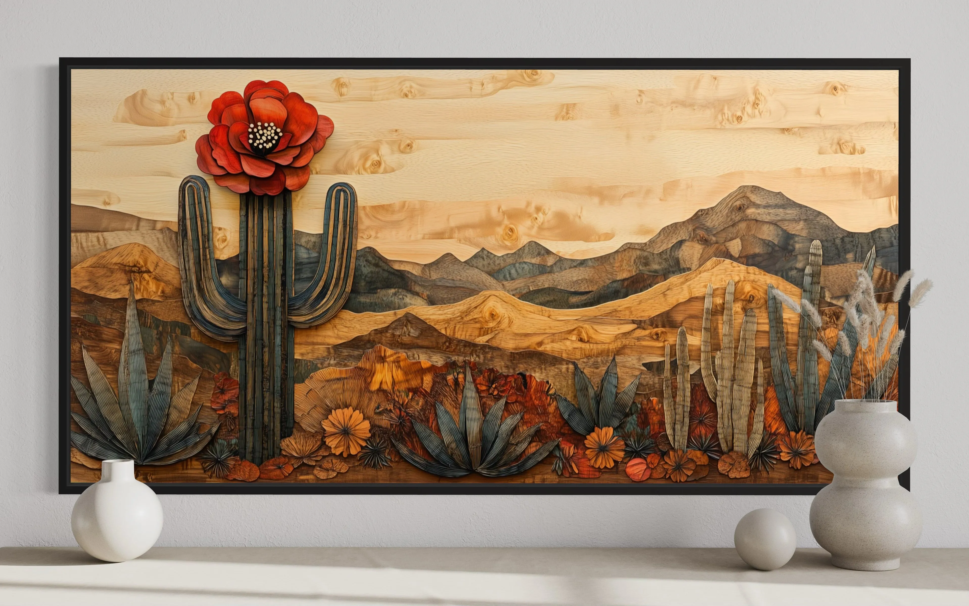 Desert With Blooming Cactus Southwestern Wood Style Framed Canvas Wall Art