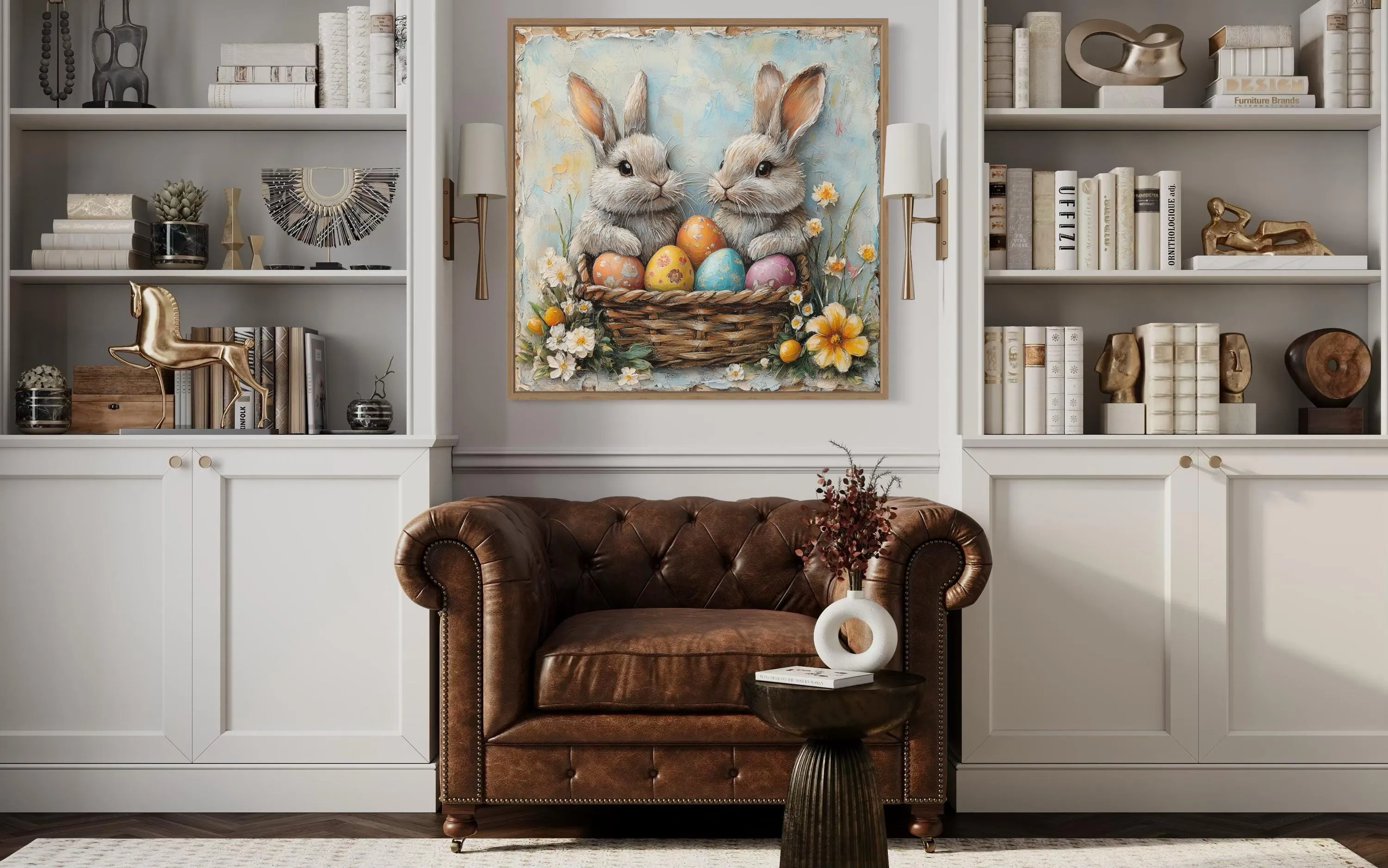 Easter Bunnies With Colorful Eggs In Basket Framed Canvas Wall Art