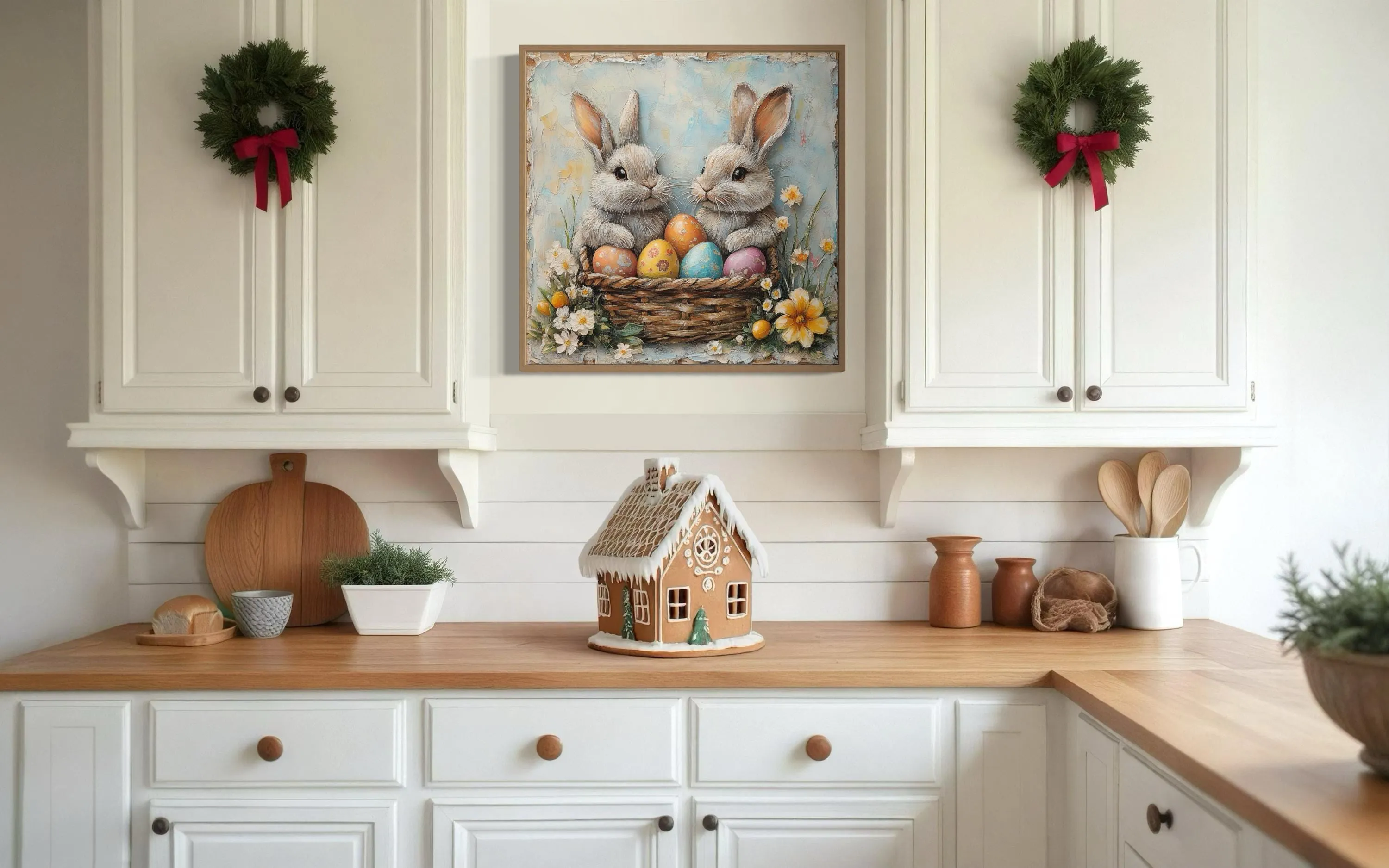 Easter Bunnies With Colorful Eggs In Basket Framed Canvas Wall Art