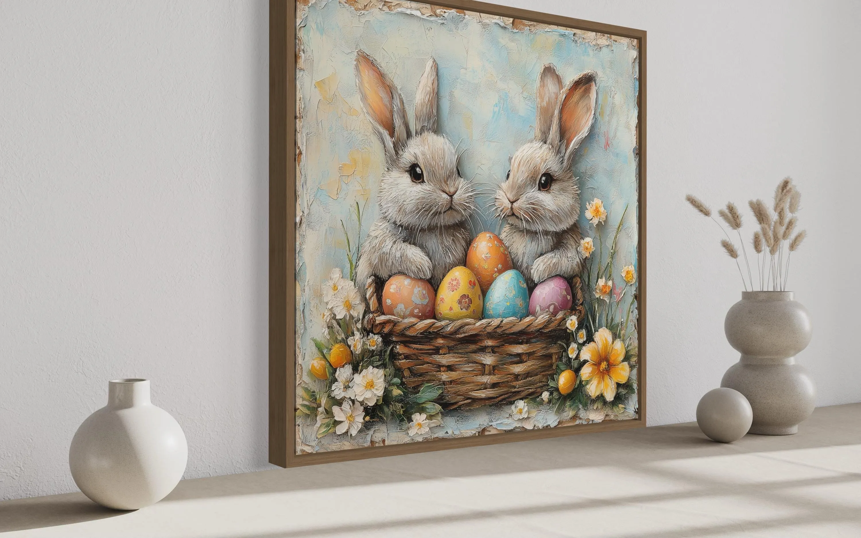 Easter Bunnies With Colorful Eggs In Basket Framed Canvas Wall Art