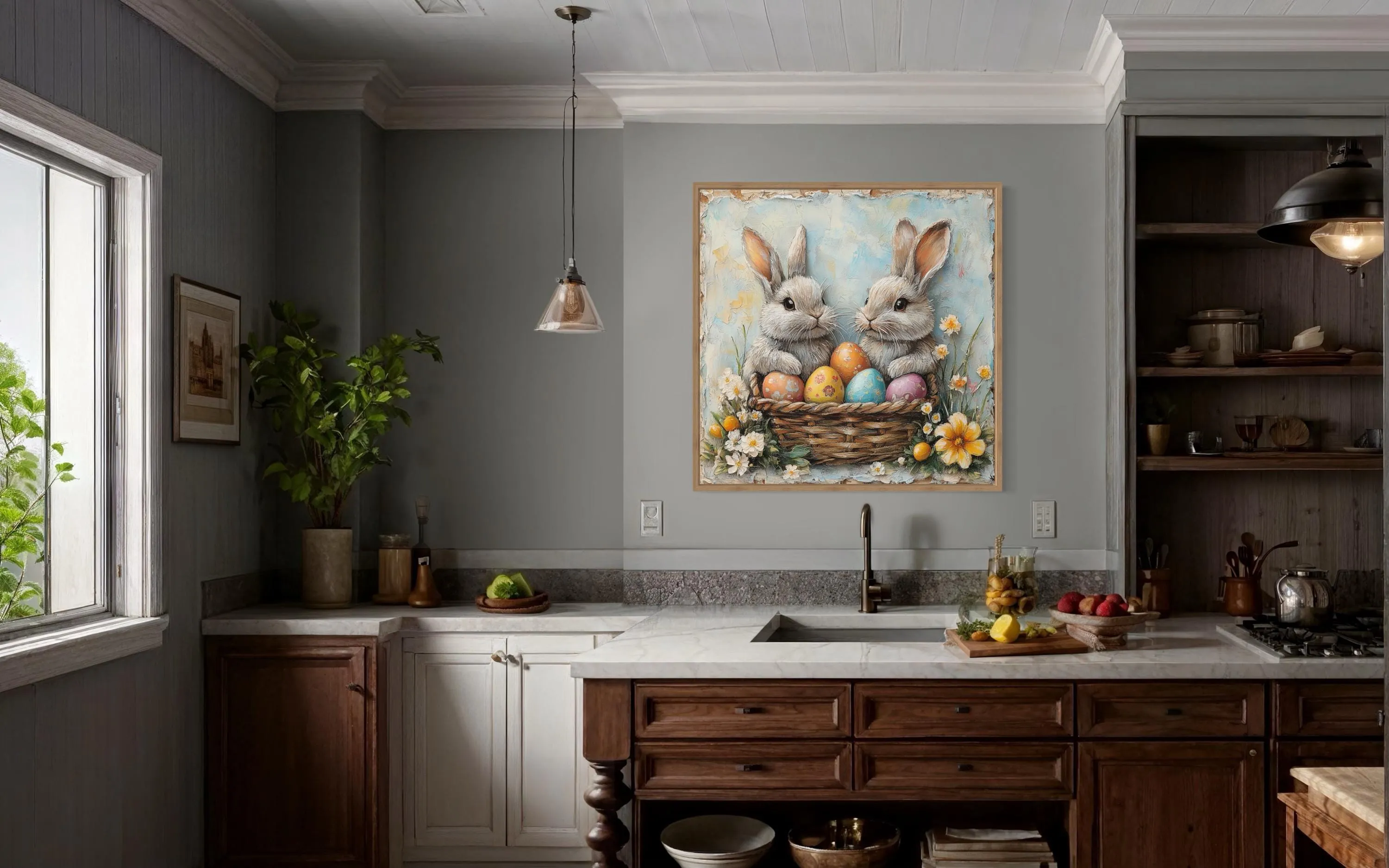 Easter Bunnies With Colorful Eggs In Basket Framed Canvas Wall Art