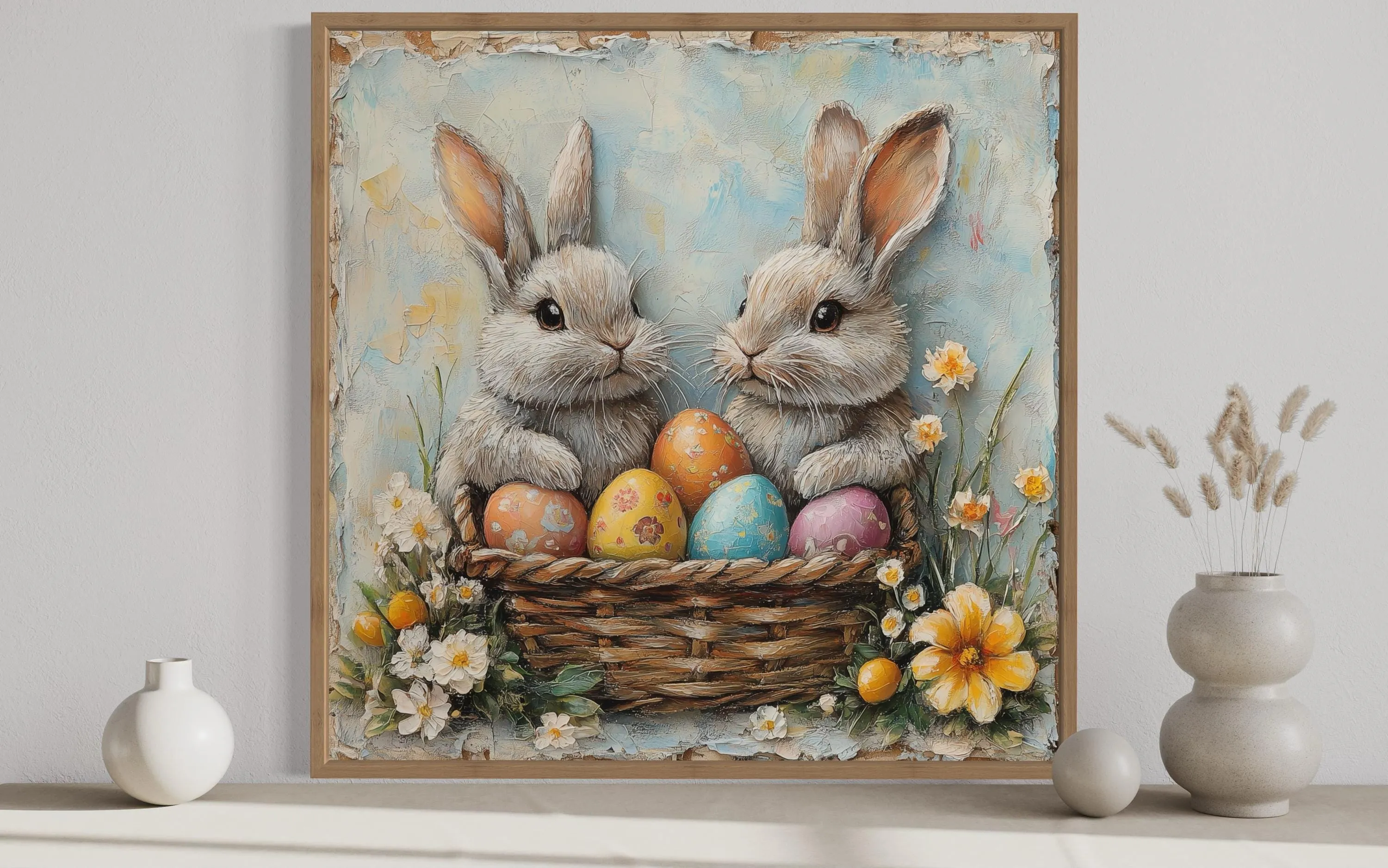 Easter Bunnies With Colorful Eggs In Basket Framed Canvas Wall Art