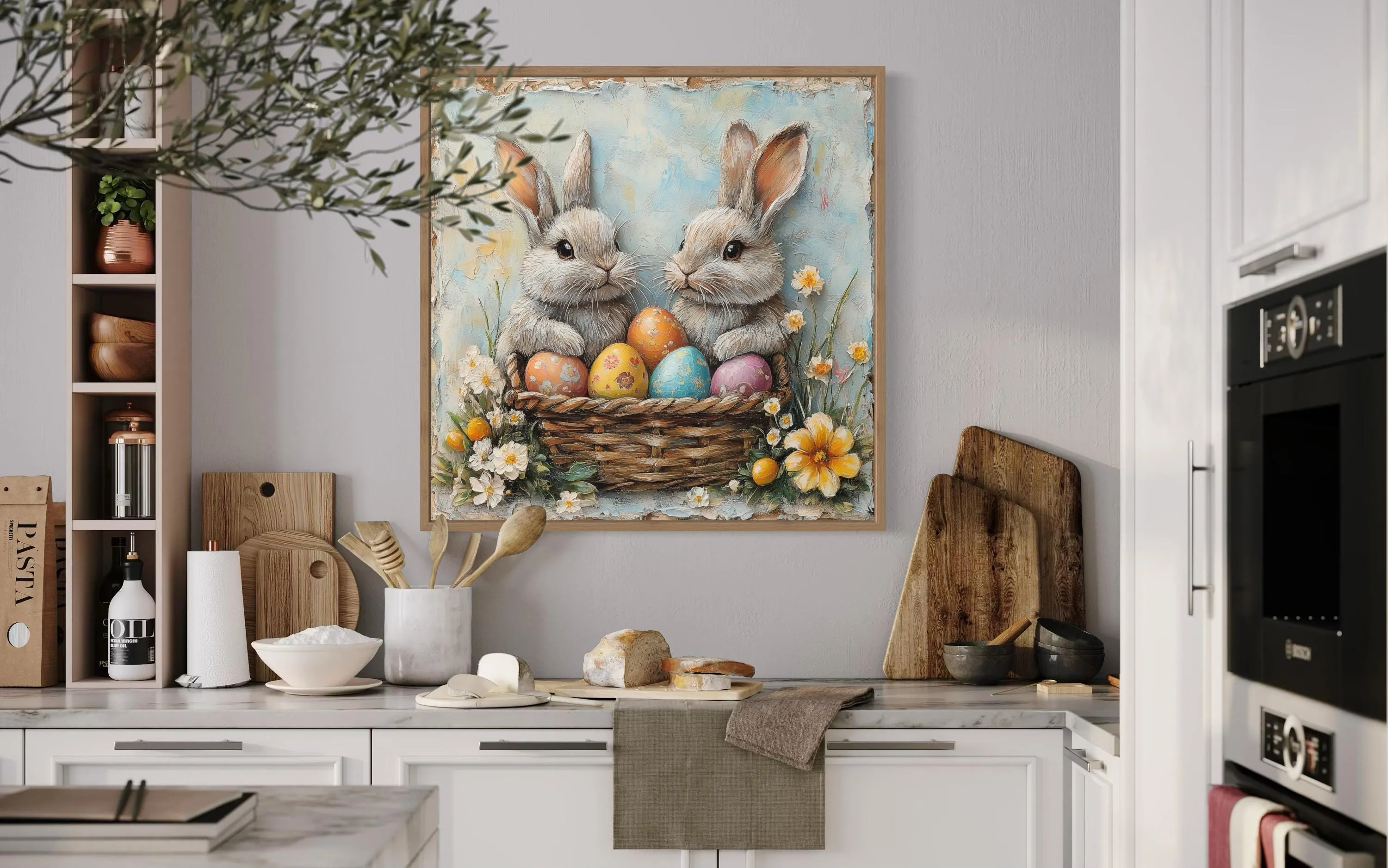 Easter Bunnies With Colorful Eggs In Basket Framed Canvas Wall Art