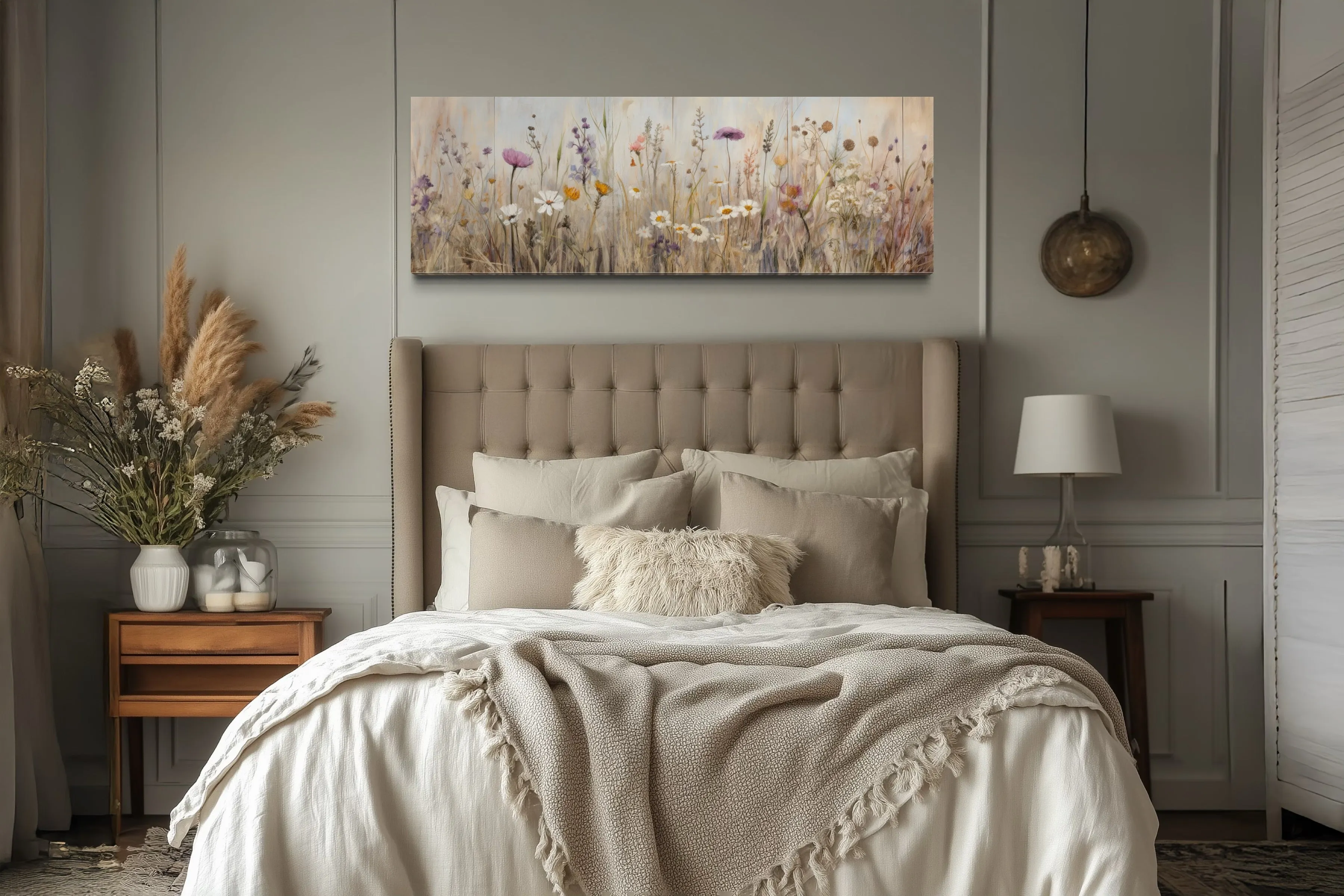 Farmhouse Style Neutral Wildflowers Field Horizontal Framed Canvas Wall Art