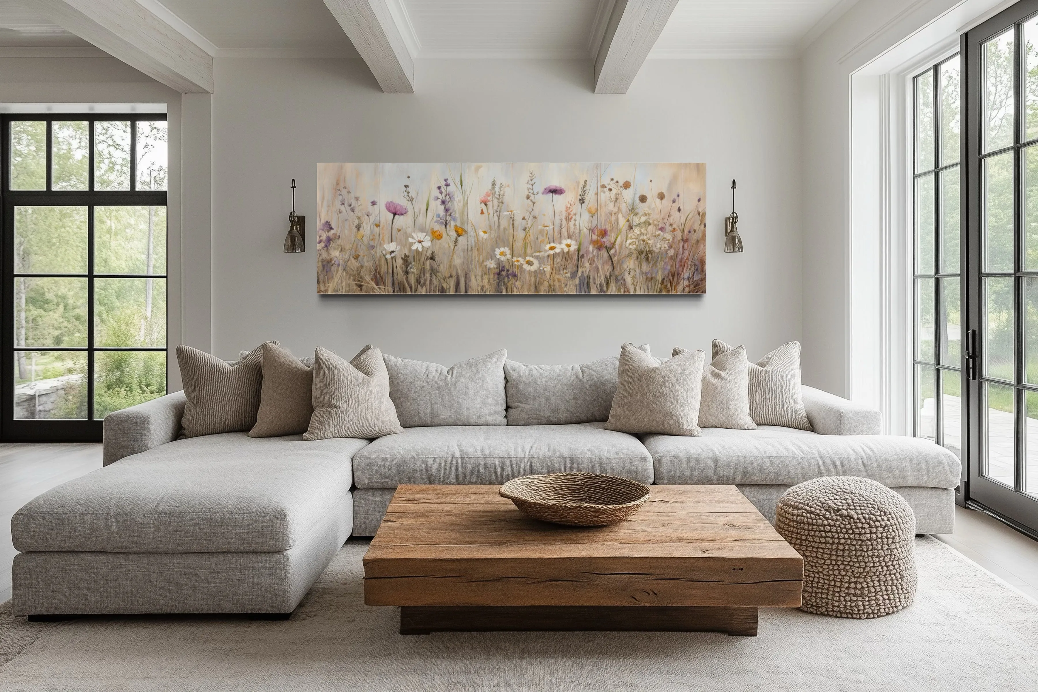 Farmhouse Style Neutral Wildflowers Field Horizontal Framed Canvas Wall Art