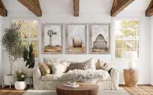 Farmhouse Wall Art Set of Three Rustic Farm Prints - Barn, Hay Bale And Windmill