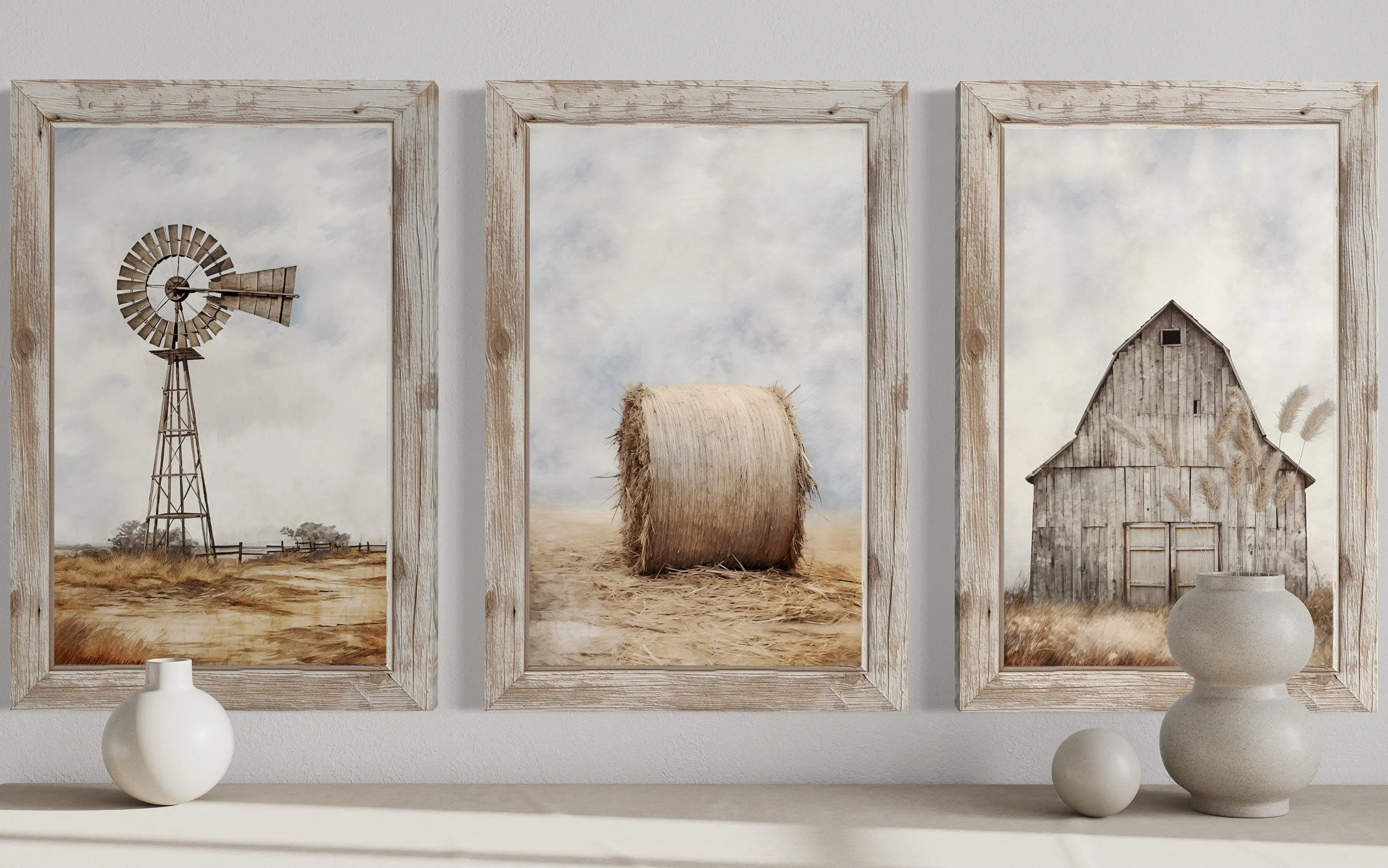Farmhouse Wall Art Set of Three Rustic Farm Prints - Barn, Hay Bale And Windmill