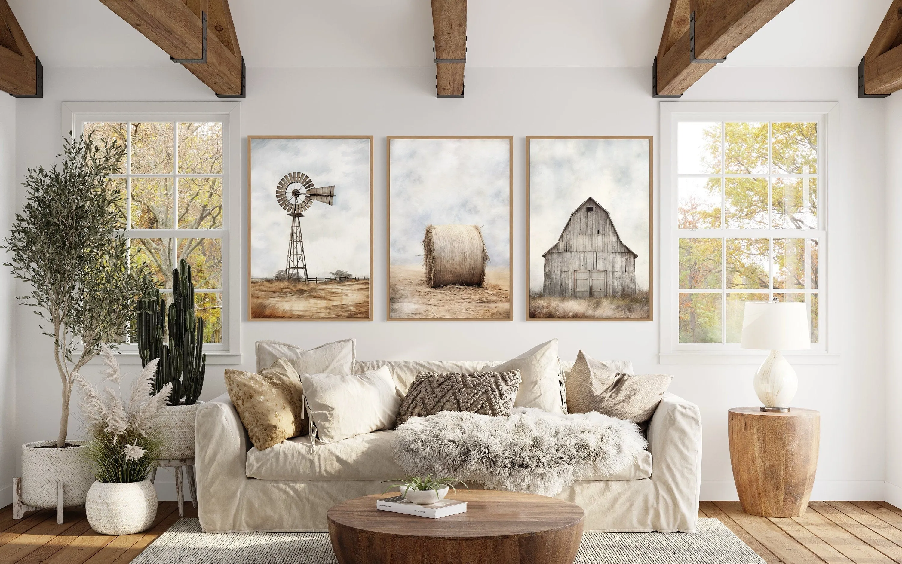 Farmhouse Wall Art Set of Three Rustic Farm Prints - Barn, Hay Bale And Windmill