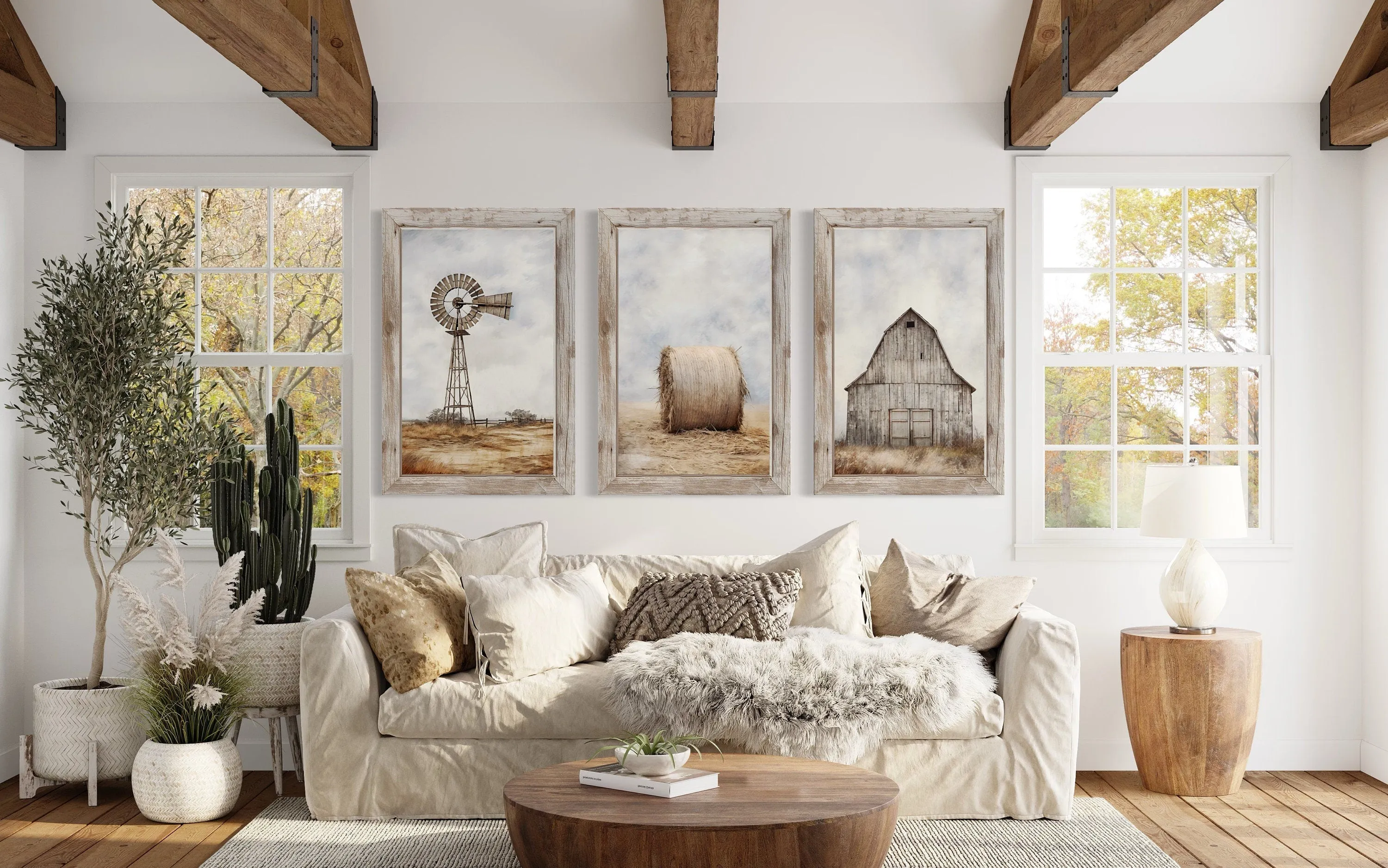 Farmhouse Wall Art Set of Three Rustic Farm Prints - Barn, Hay Bale And Windmill