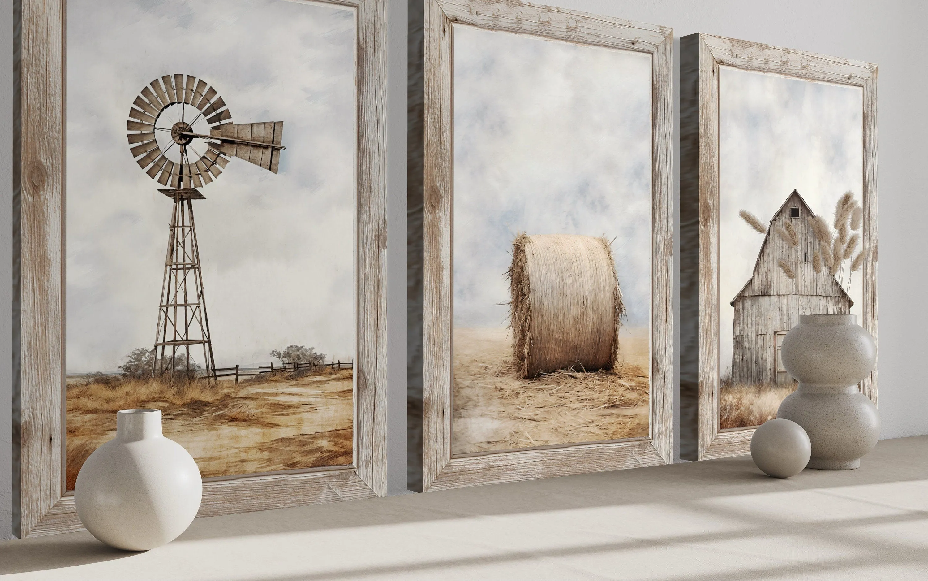 Farmhouse Wall Art Set of Three Rustic Farm Prints - Barn, Hay Bale And Windmill