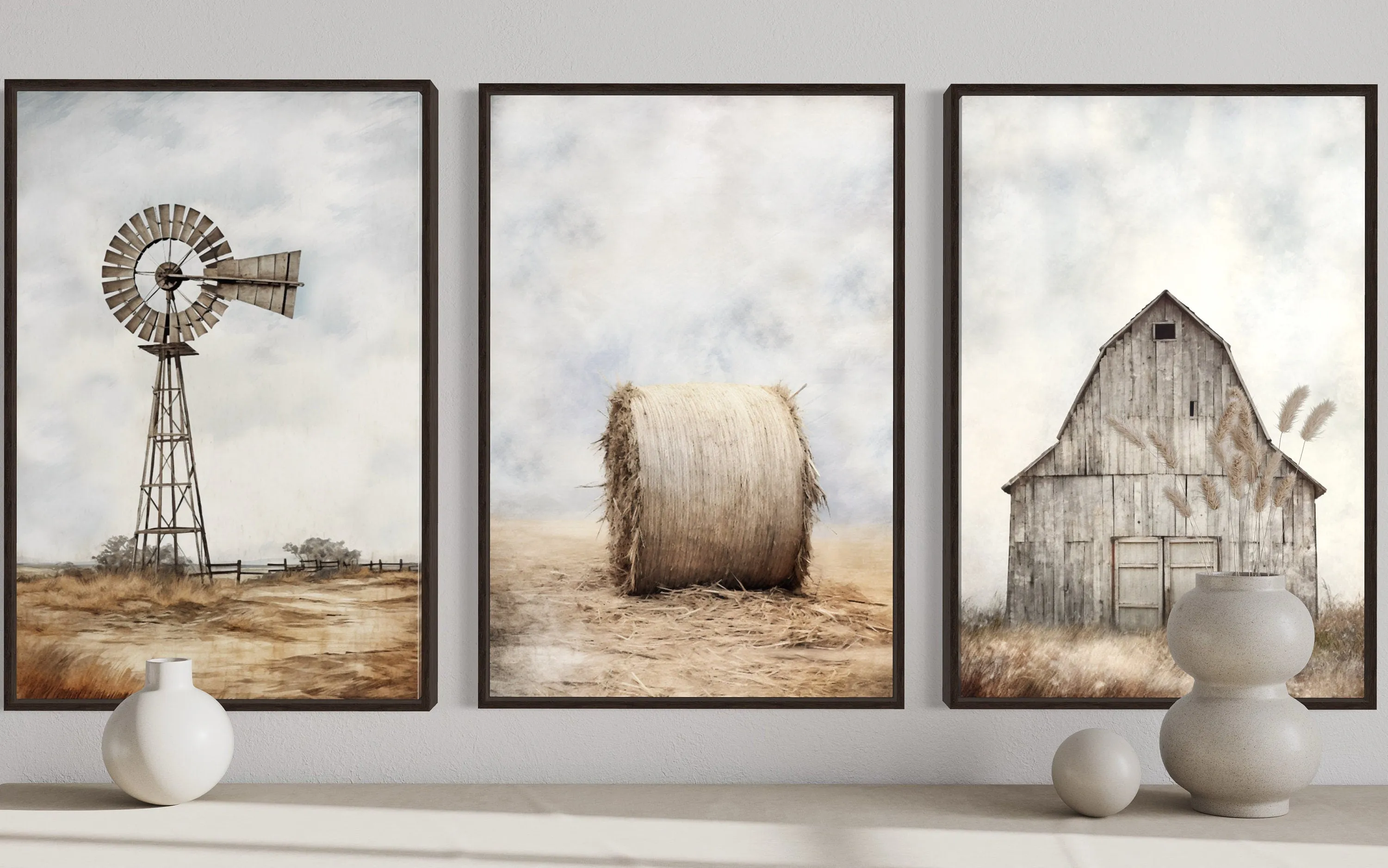 Farmhouse Wall Art Set of Three Rustic Farm Prints - Barn, Hay Bale And Windmill