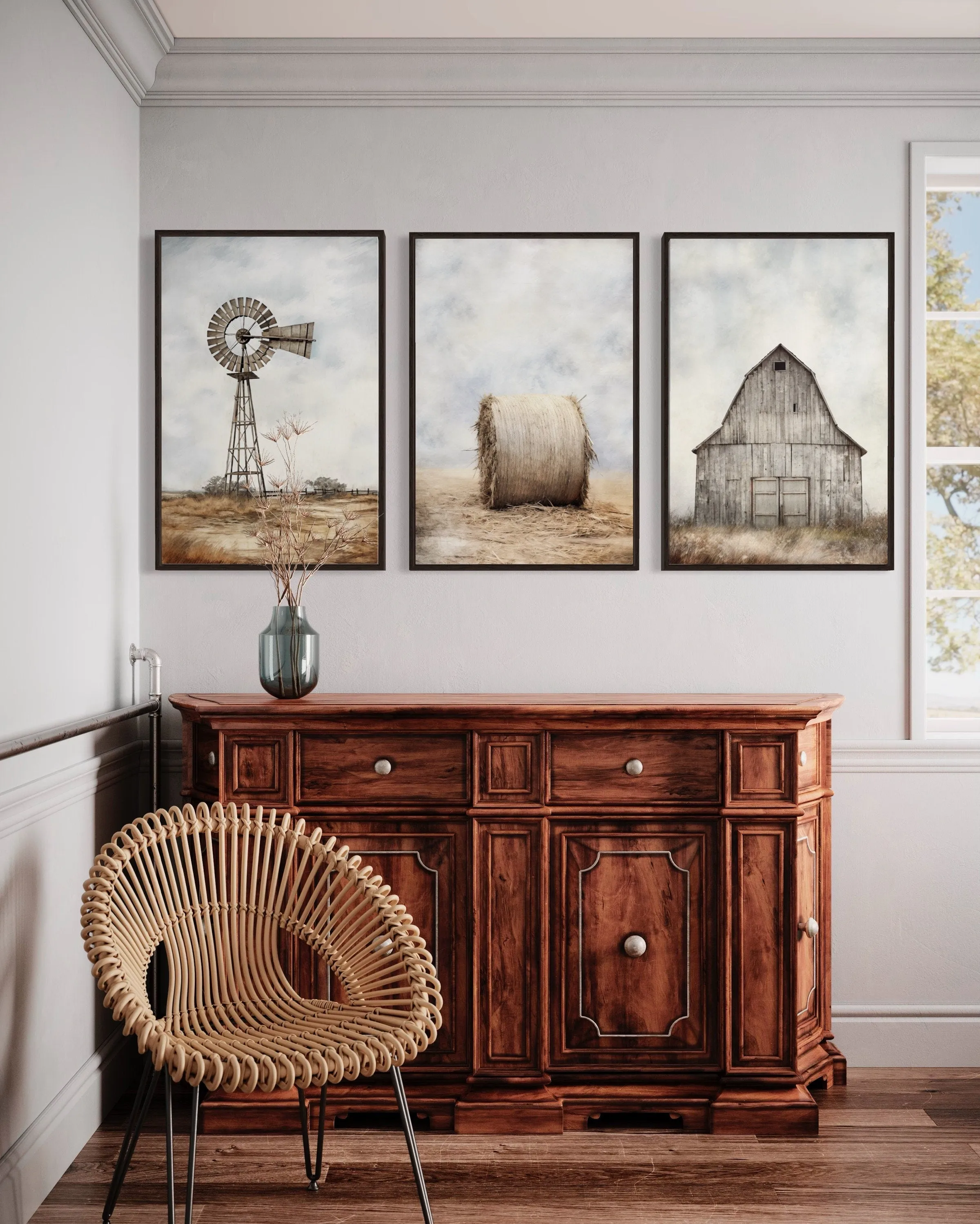 Farmhouse Wall Art Set of Three Rustic Farm Prints - Barn, Hay Bale And Windmill