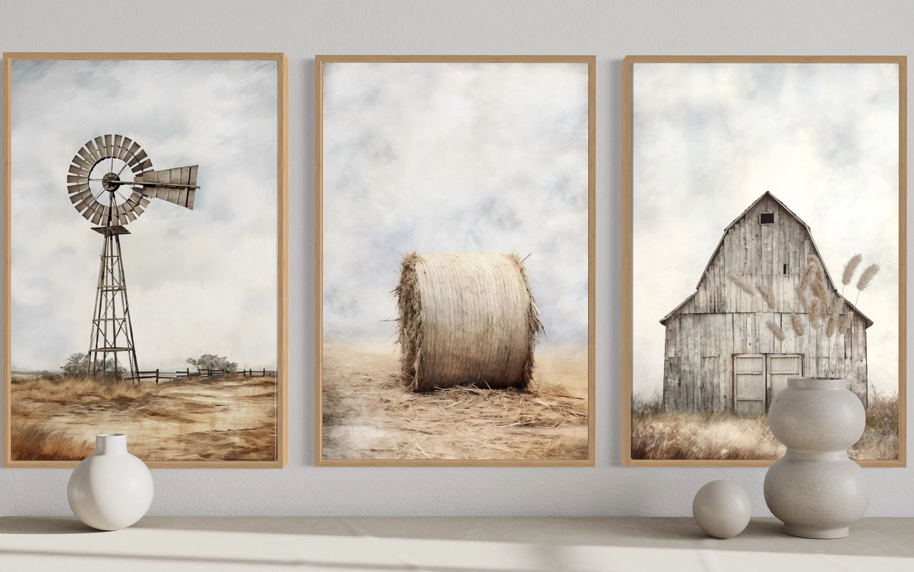 Farmhouse Wall Art Set of Three Rustic Farm Prints - Barn, Hay Bale And Windmill