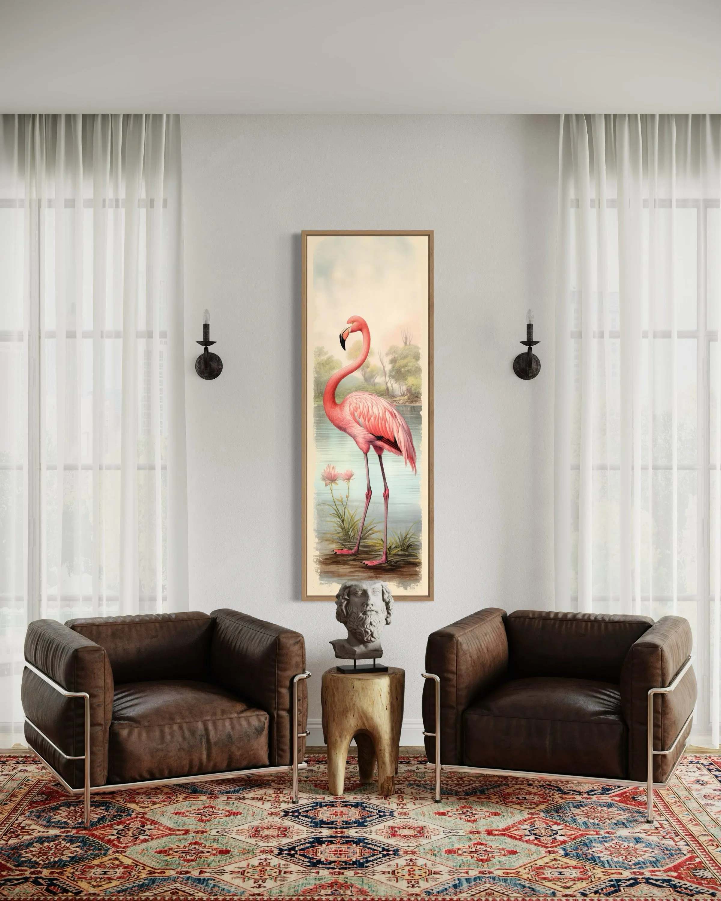 Flamingo At The Beach Narrow Vertical Framed Canvas Wall Art