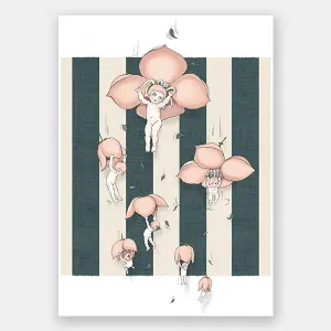 Floating Flower Babies Blue Unframed Art Print