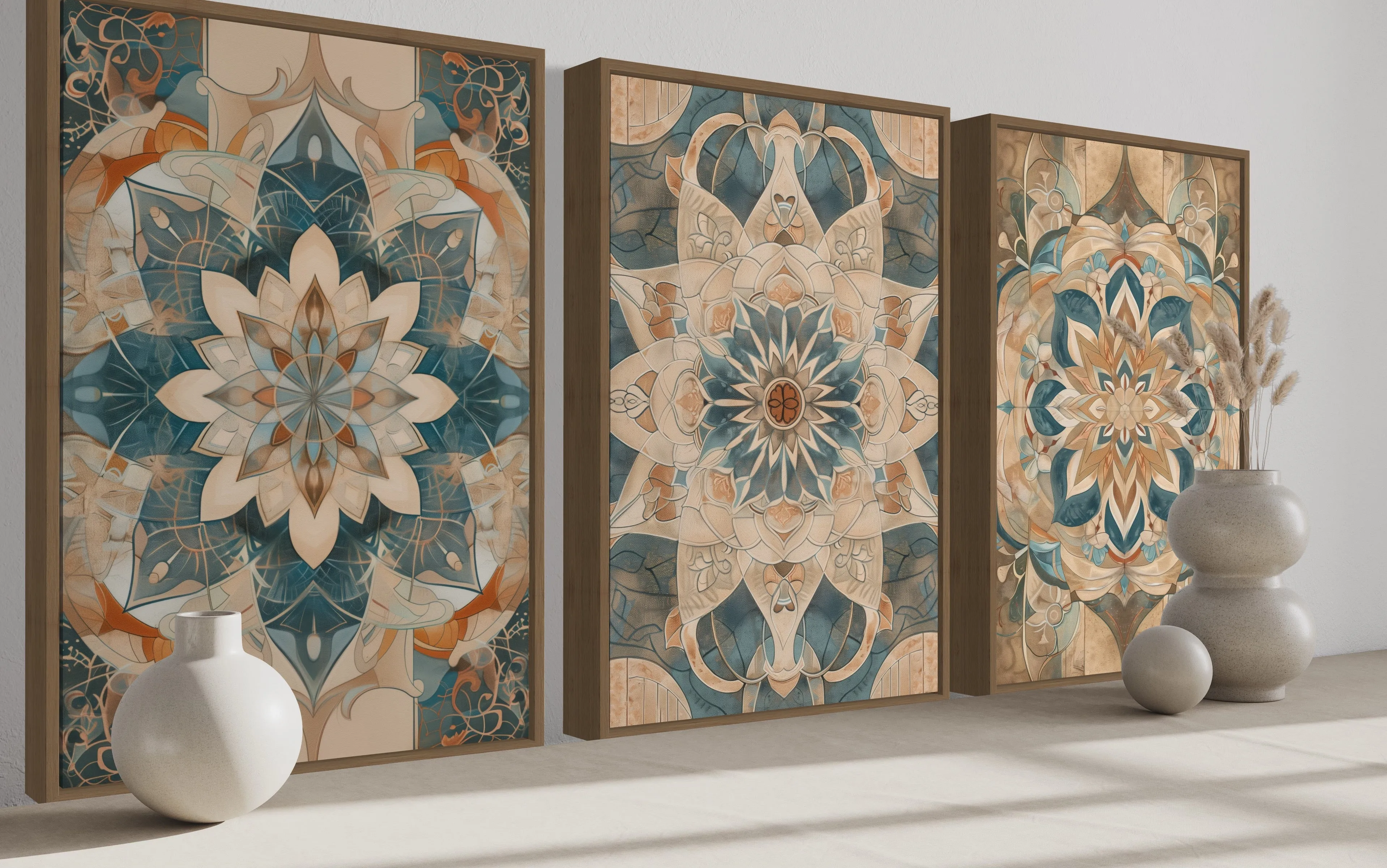 Framed Wall Art Set of 3 Boho Neutral Mandala Wall Decor