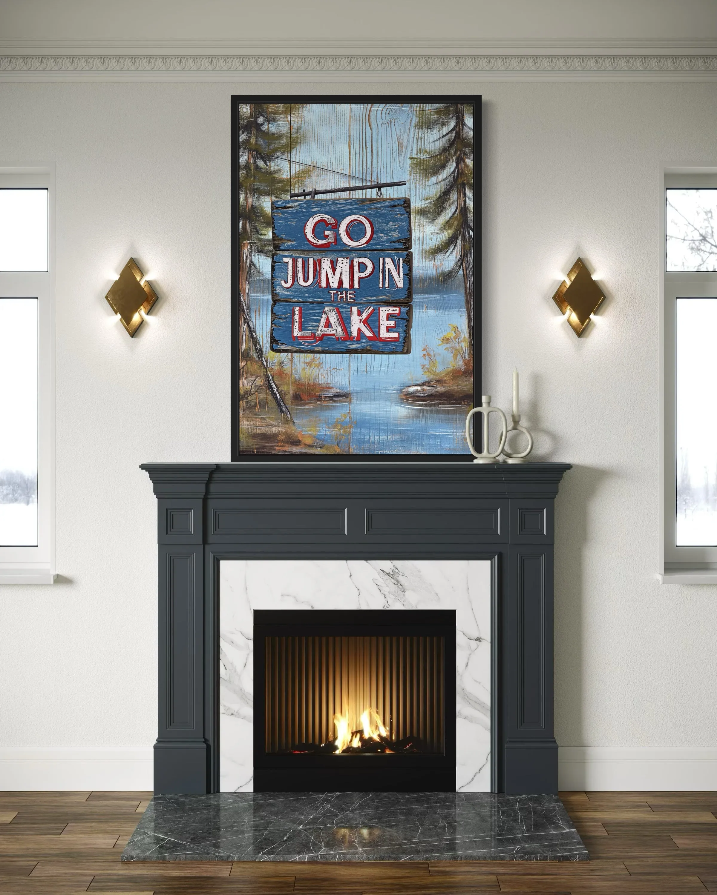 Go Jump In The Lake Rustic Lake House Framed Canvas Wall Art