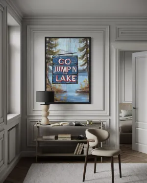 Go Jump In The Lake Rustic Lake House Framed Canvas Wall Art