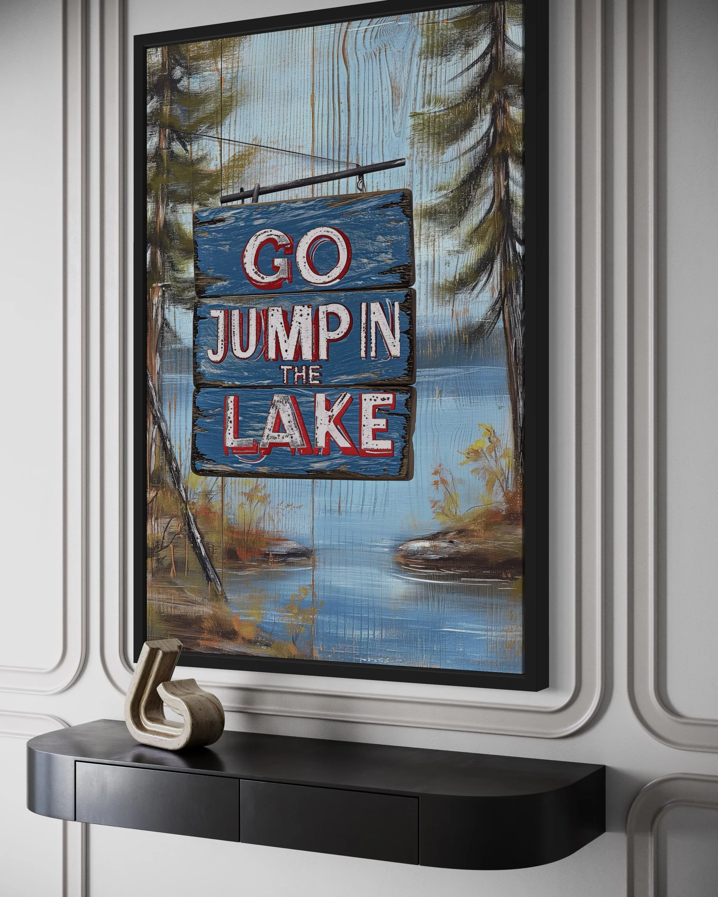 Go Jump In The Lake Rustic Lake House Framed Canvas Wall Art