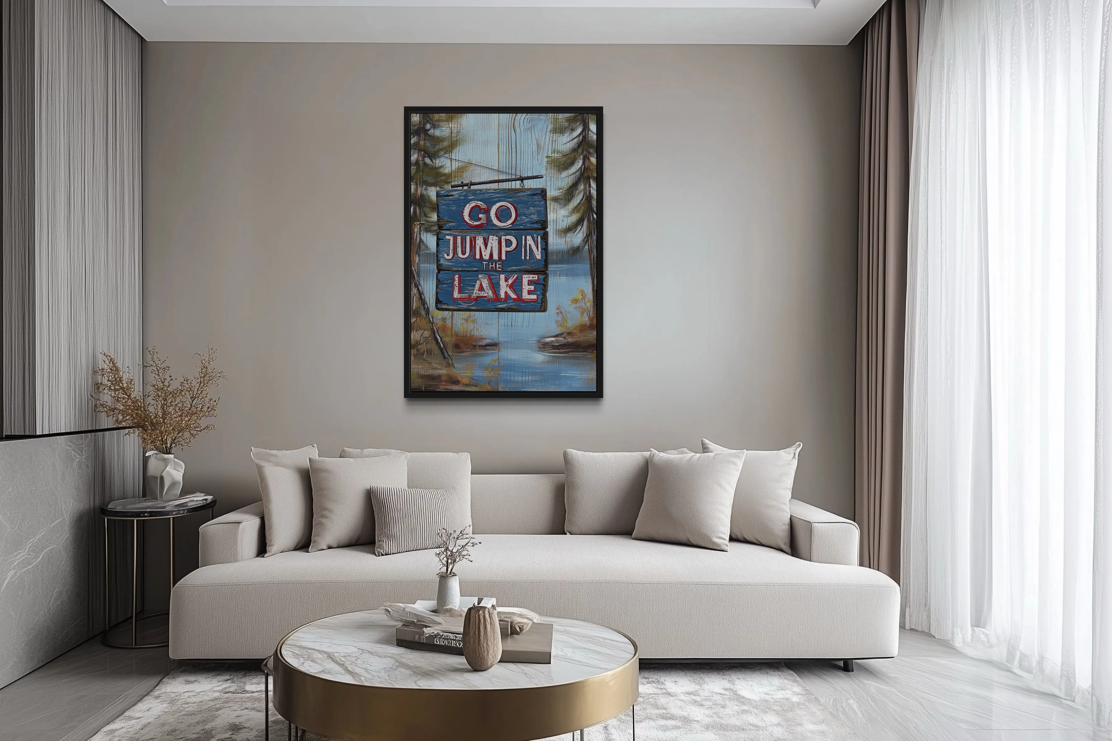 Go Jump In The Lake Rustic Lake House Framed Canvas Wall Art