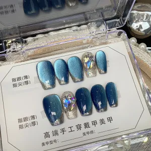 Handmade Wear Armor Wholesale Blue Cat Eye UV Nail Beauty Fake Nail Patch