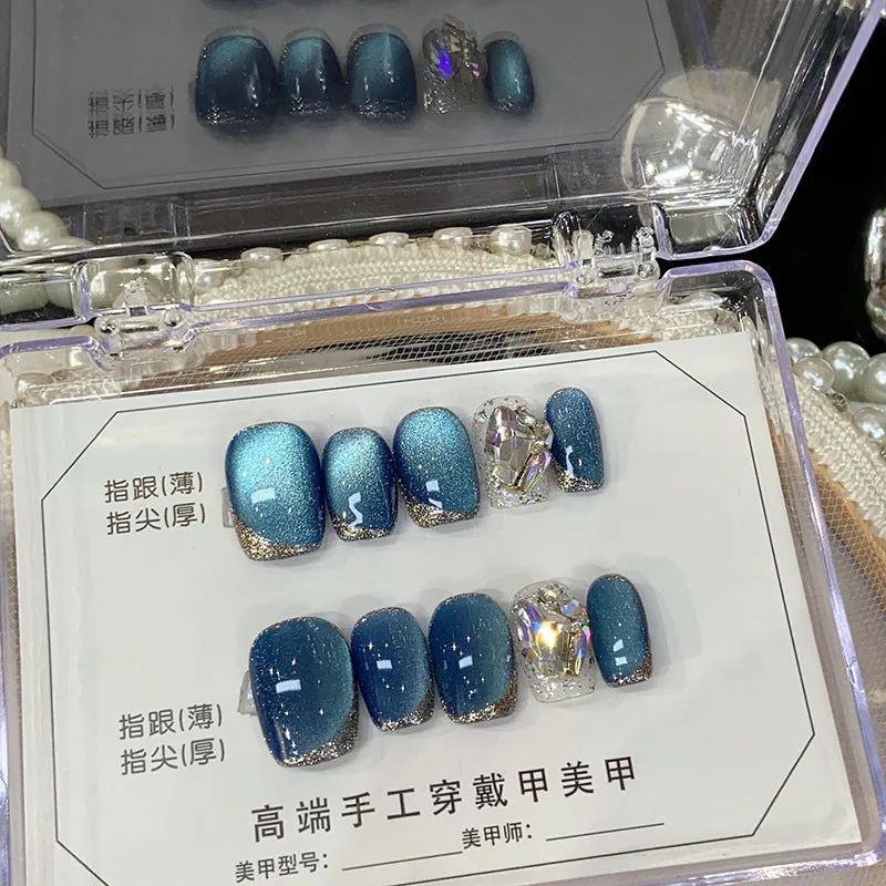 Handmade Wear Armor Wholesale Blue Cat Eye UV Nail Beauty Fake Nail Patch