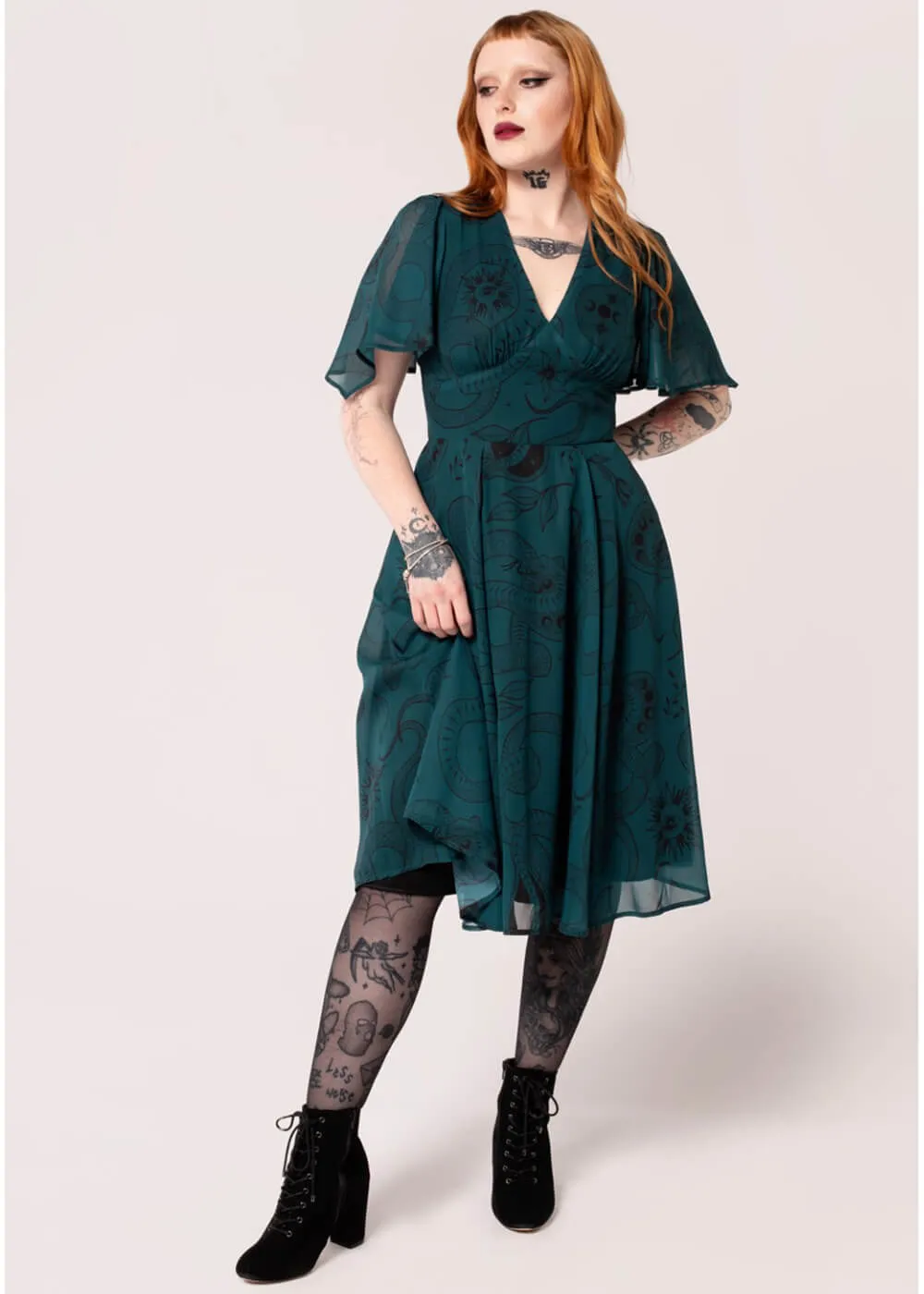 Hell Bunny Venom Snake 70's Midi Dress Green