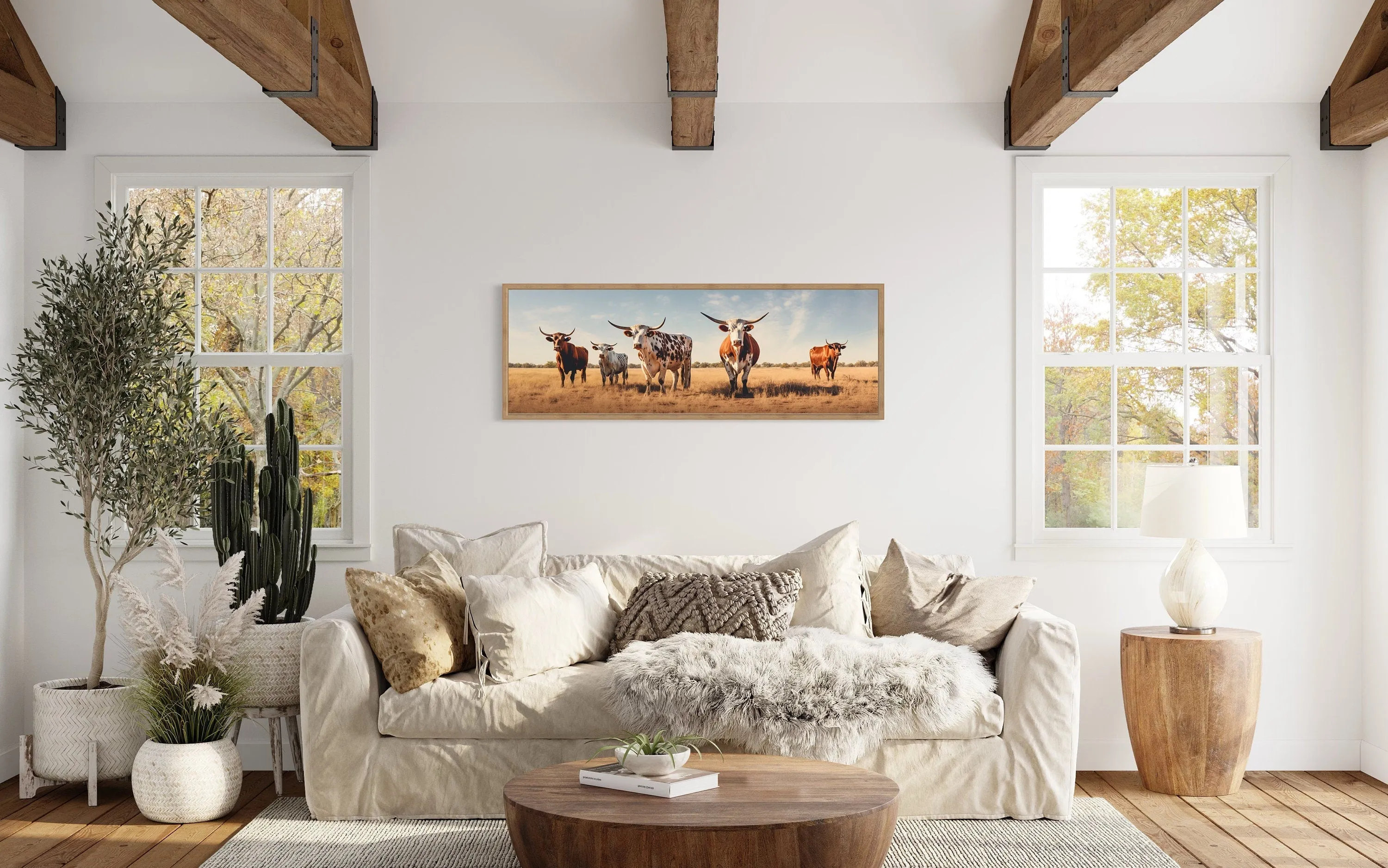 Herd of Texas Longhorn Cows Panoramic Framed Canvas Wall Art