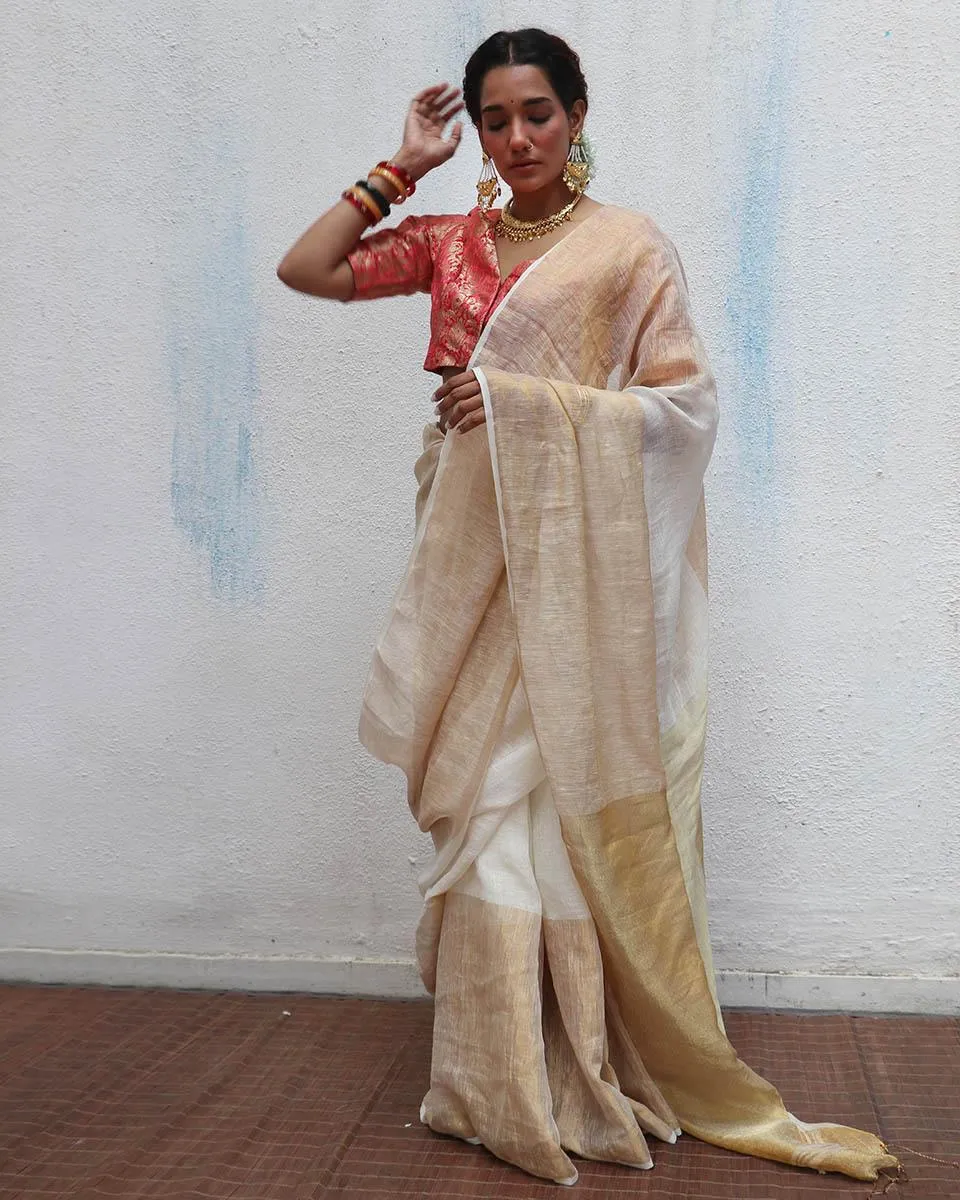 Indumukhi Handwoven Linen Zari Saree - Onam