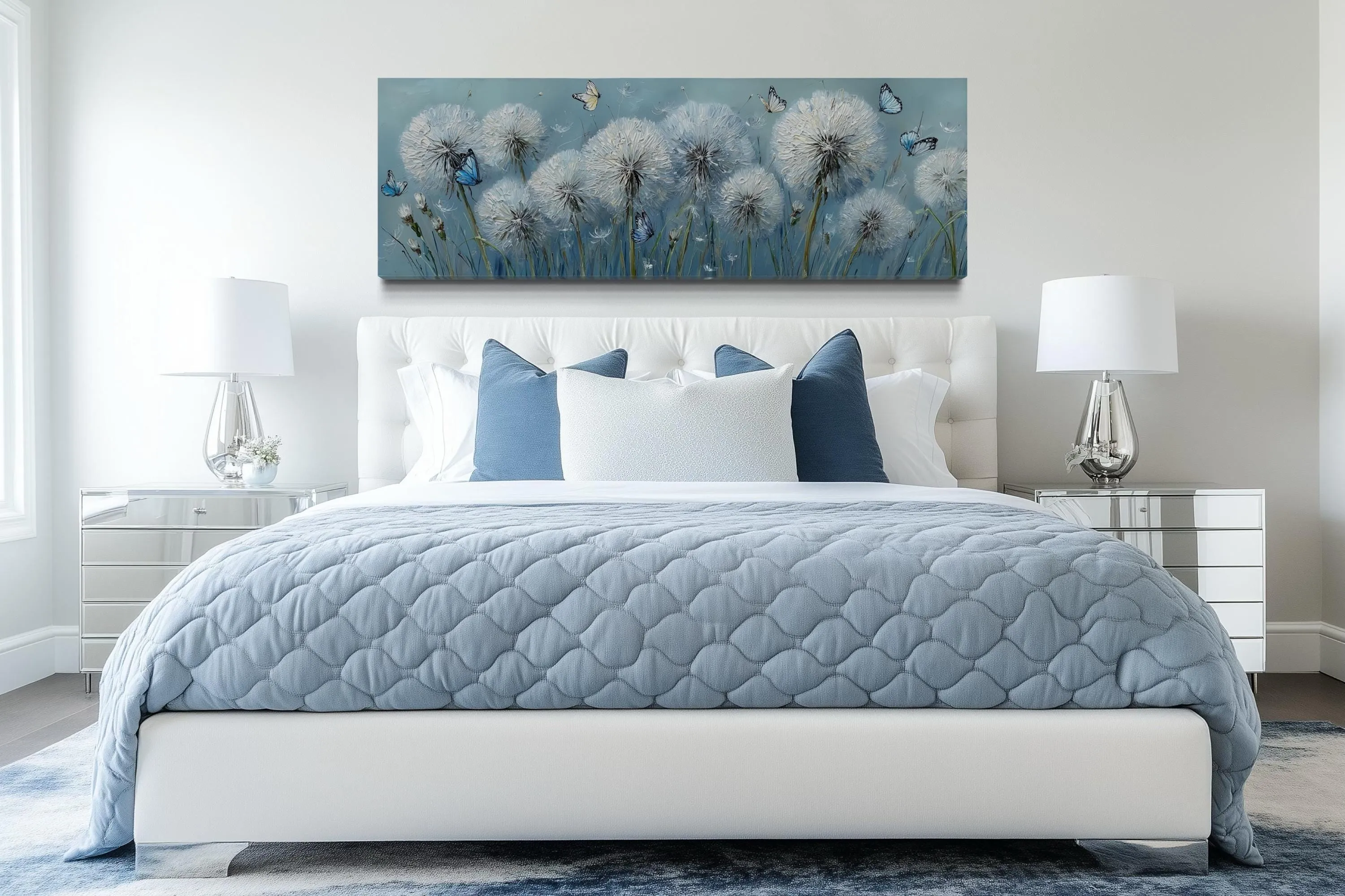 Light Blue Dandelions And Butterflies Horizontal Framed Canvas Wall Art