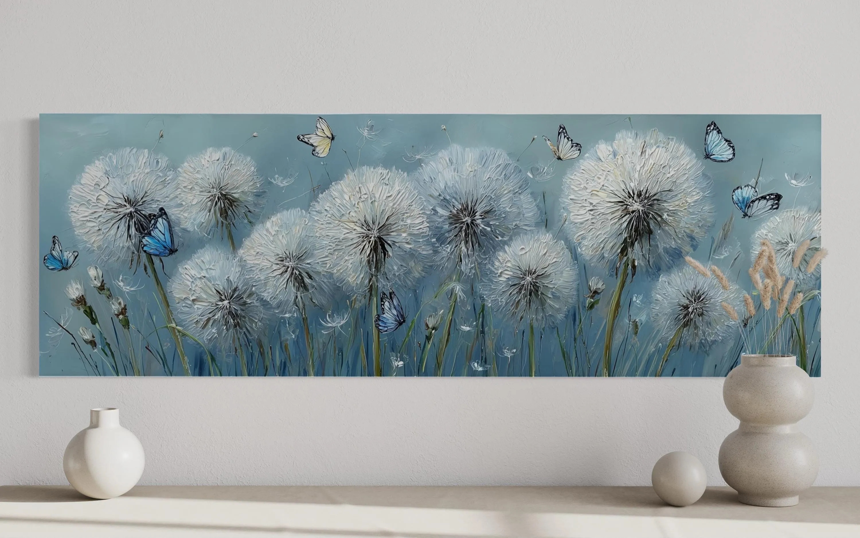 Light Blue Dandelions And Butterflies Horizontal Framed Canvas Wall Art