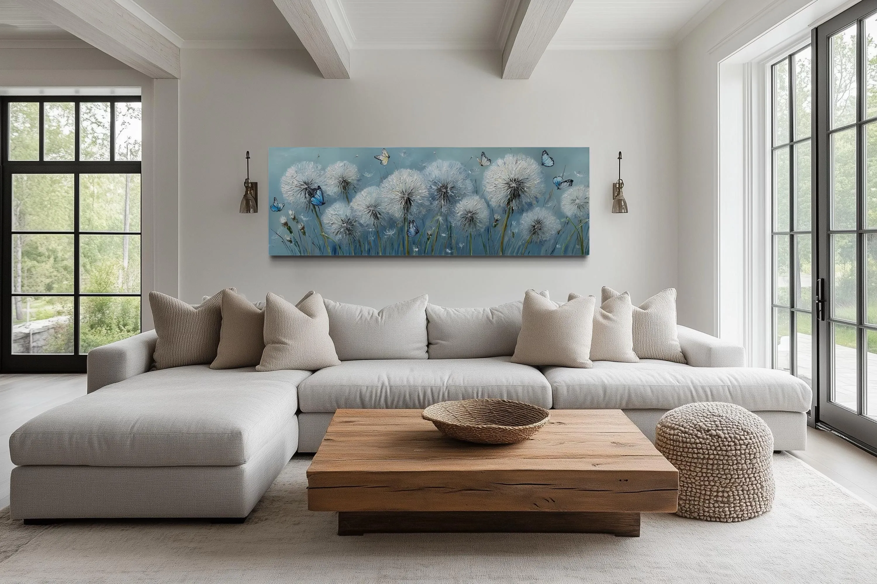 Light Blue Dandelions And Butterflies Horizontal Framed Canvas Wall Art