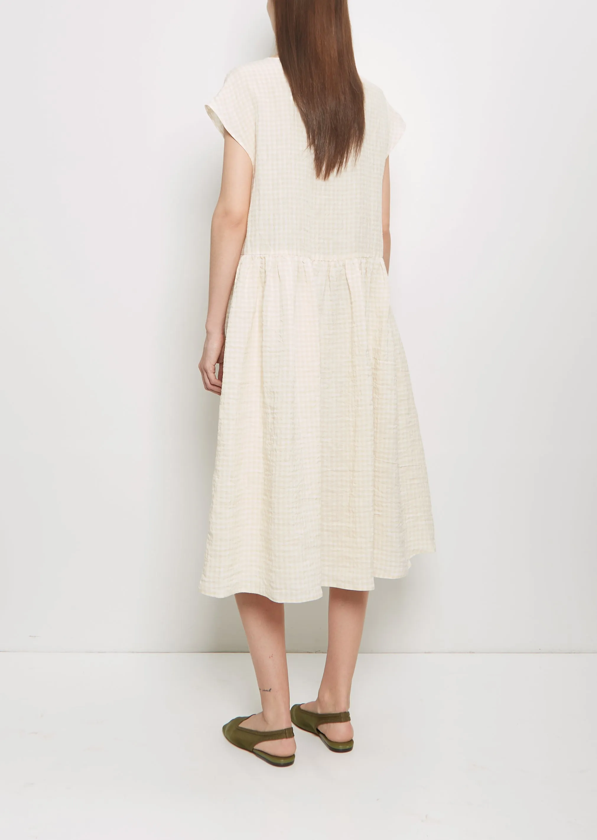 Linen Vichy Pleated Dress — Milk Sand