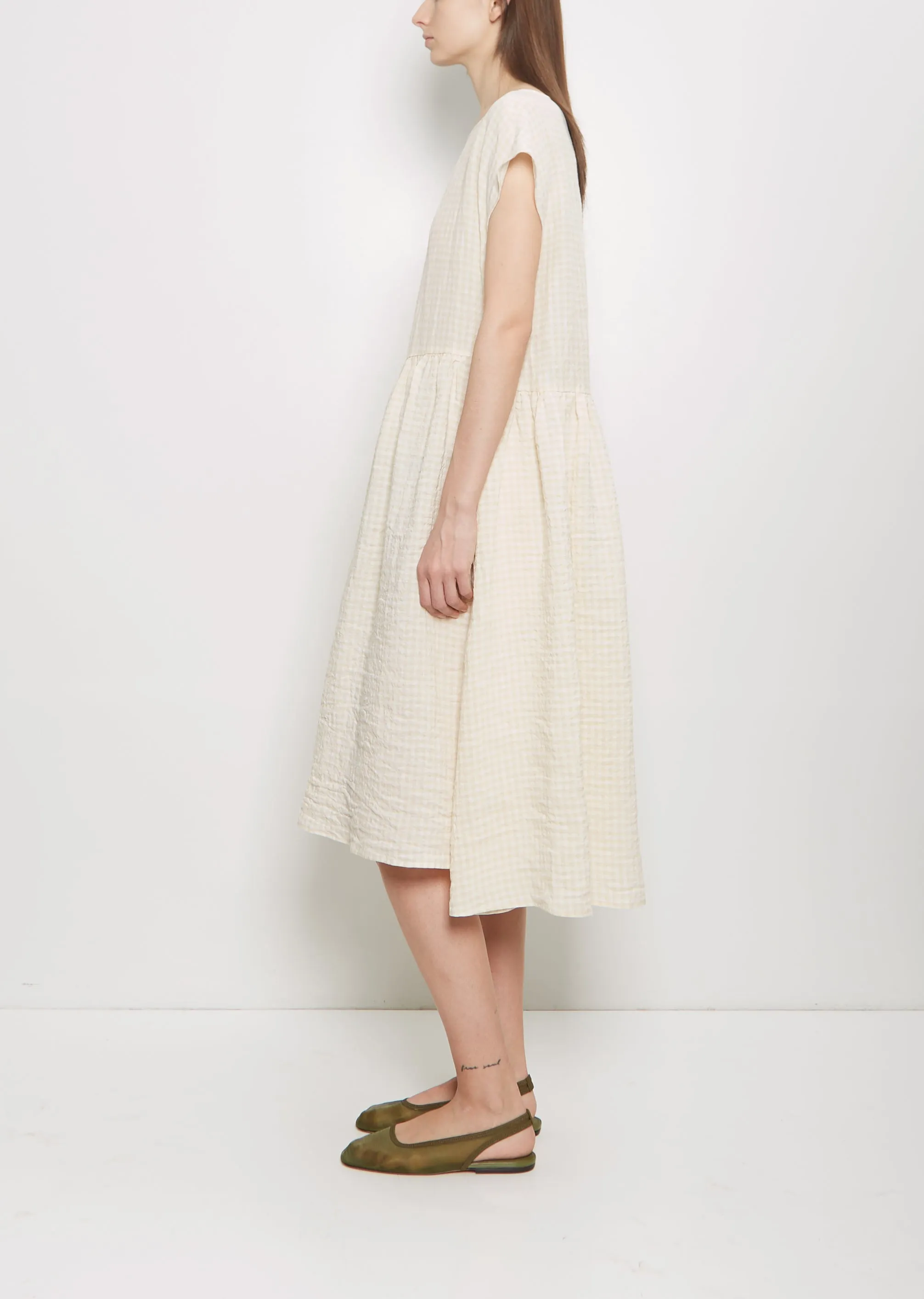 Linen Vichy Pleated Dress — Milk Sand