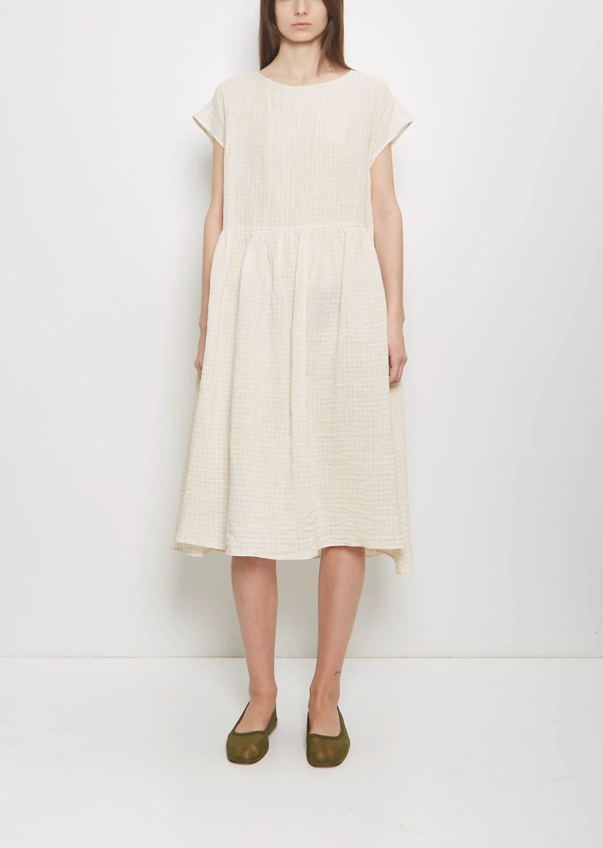 Linen Vichy Pleated Dress — Milk Sand